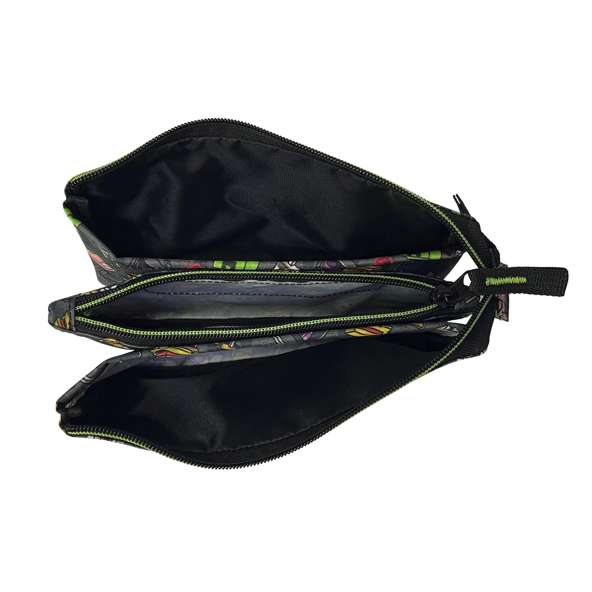 Una bolsa negra con tres compartimentos y estampado colorido, cremalleras abiertas.