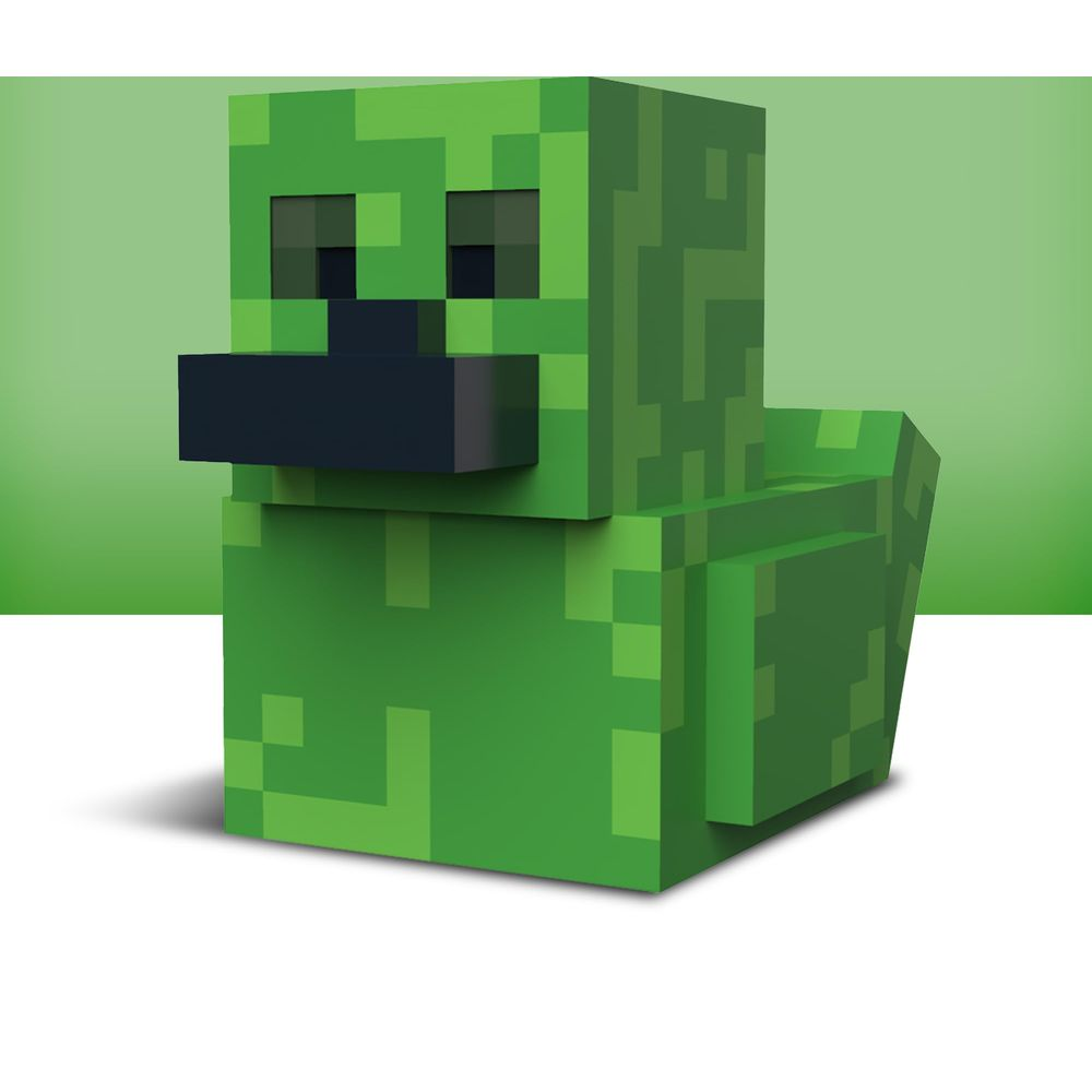 Grüne Minecraft-Figur mit pixeliger Textur und dunklem Gesicht auf weißem Hintergrund.
