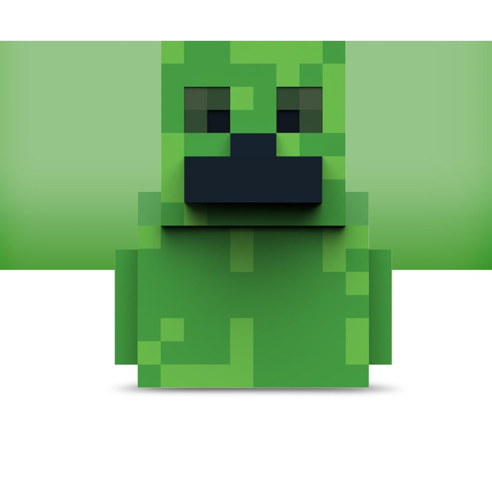 Pixeliger grüner Minecraft Creeper Charakter mit schwarzem Gesicht und Augen.