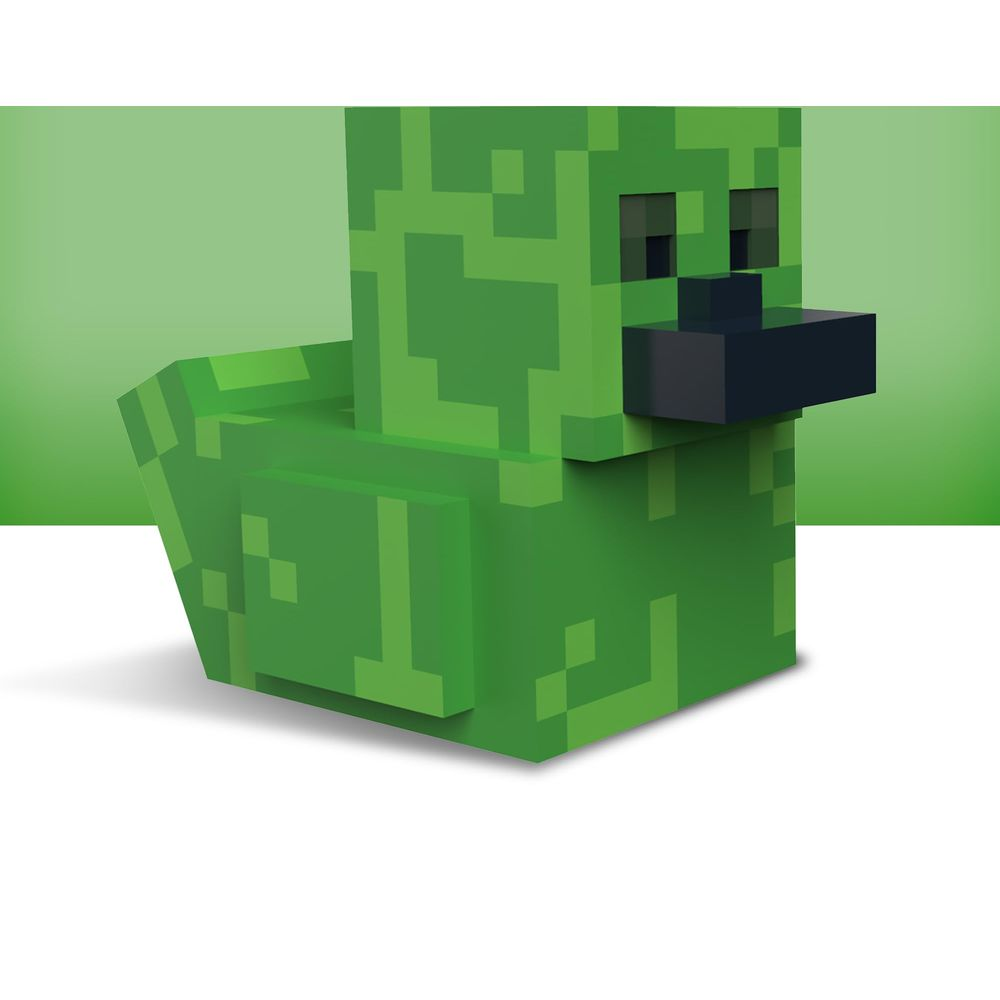 Grüne Minecraft-Figur in Entenform mit dunklem Schnabel auf weißem und grünem Hintergrund.