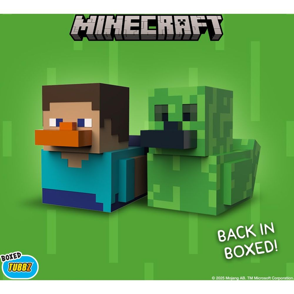 Minecraft Steve und Creeper als Tubbz-Entenfiguren vor grünem Hintergrund.