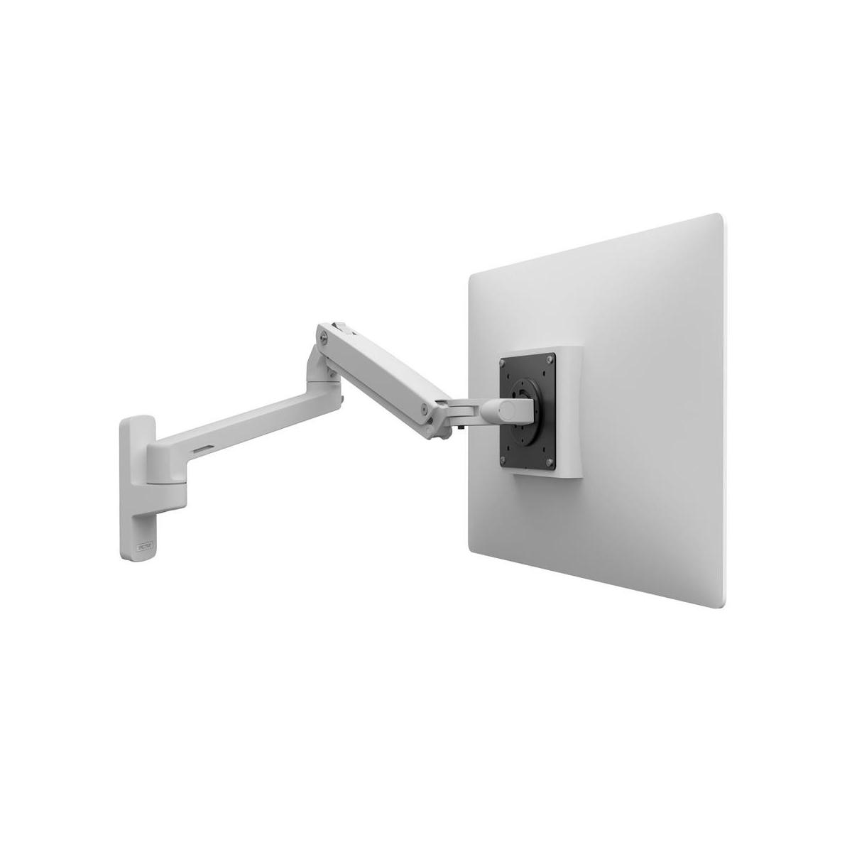 Ein weißer Monitorarm ist an einem weißen Bildschirm befestigt.