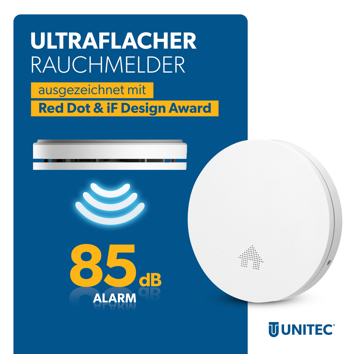 Ultraschlanker Rauchmelder mit 85dB Alarm, ausgezeichnet mit Red Dot & iF Design Award.