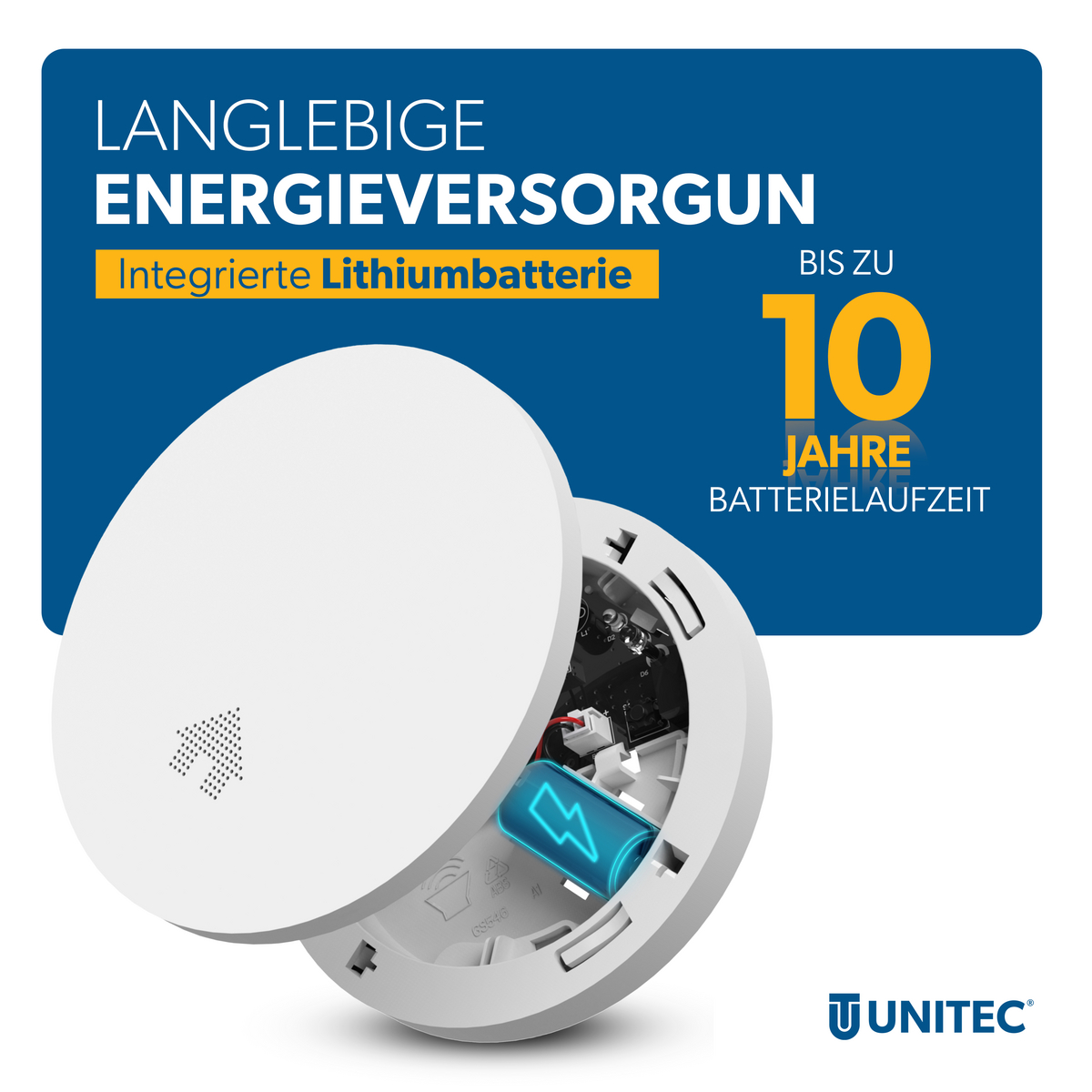 Ein weißes Gerät mit integrierter Lithiumbatterie und bis zu 10 Jahre Batterielaufzeit.
