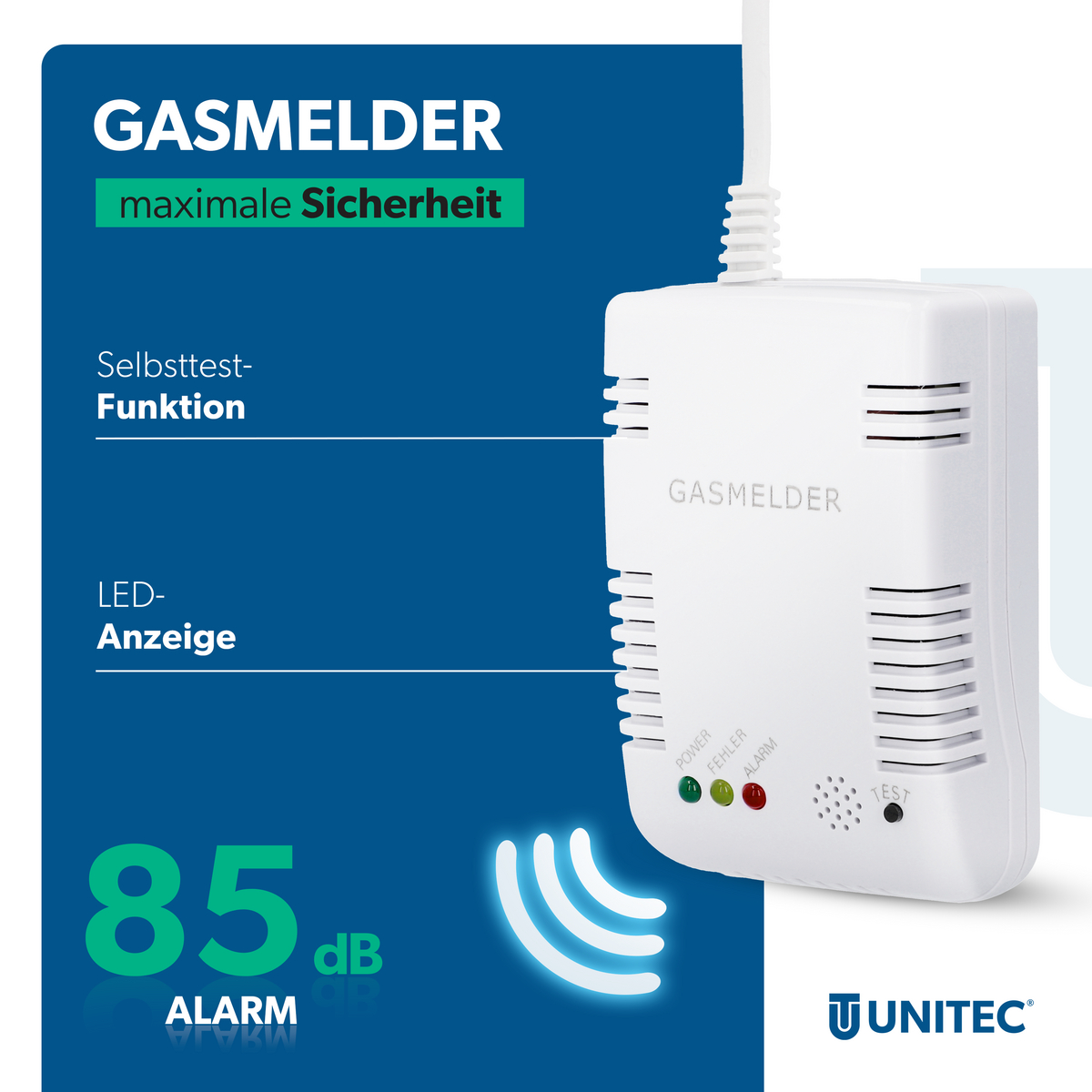 Ein weißer Rauchmelder mit Lufteinlässen und drei LEDs (Power, Fehler, Alarm).