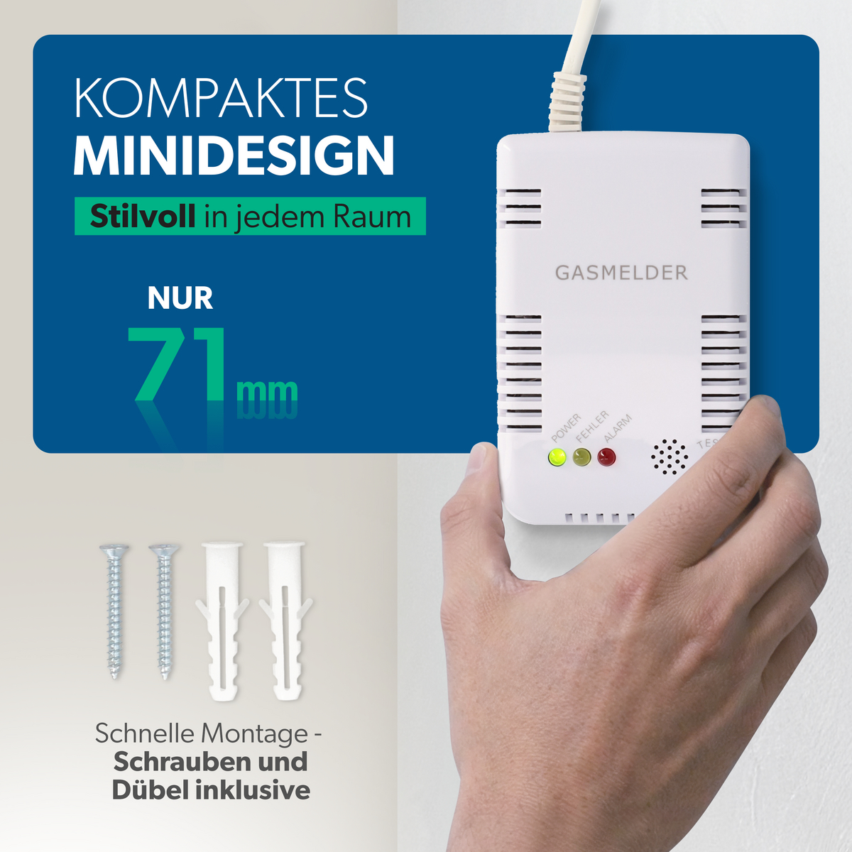Ein weißer Gasmelder wird von einer Hand gehalten. Mit Schrauben und Dübeln.