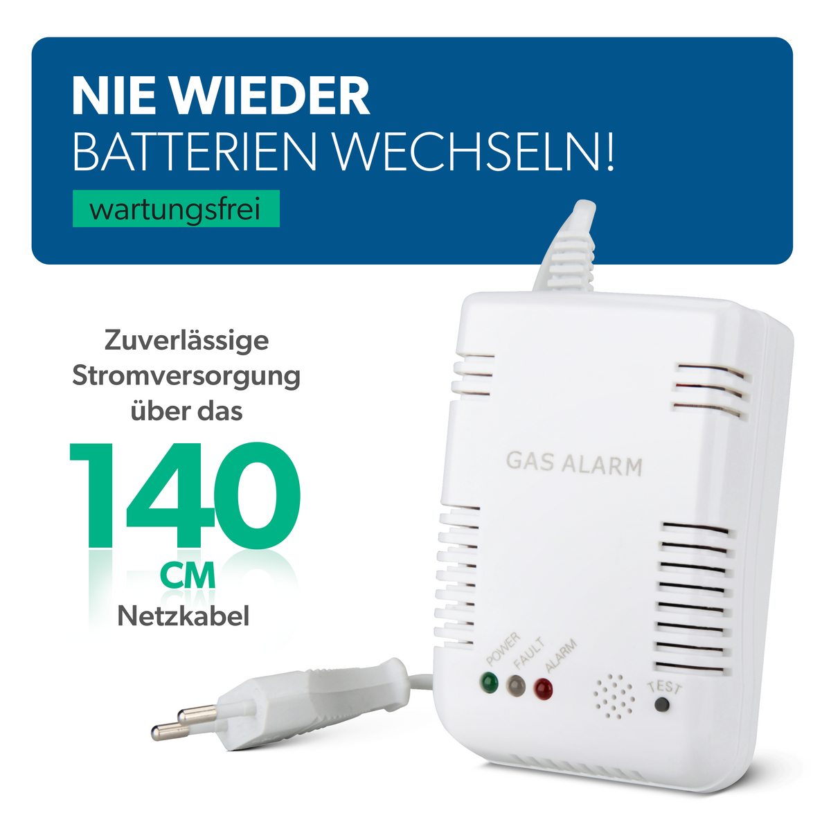 Ein weißer Gasalarm mit Netzstecker und 140cm Kabel. Nie wieder Batterien wechseln!