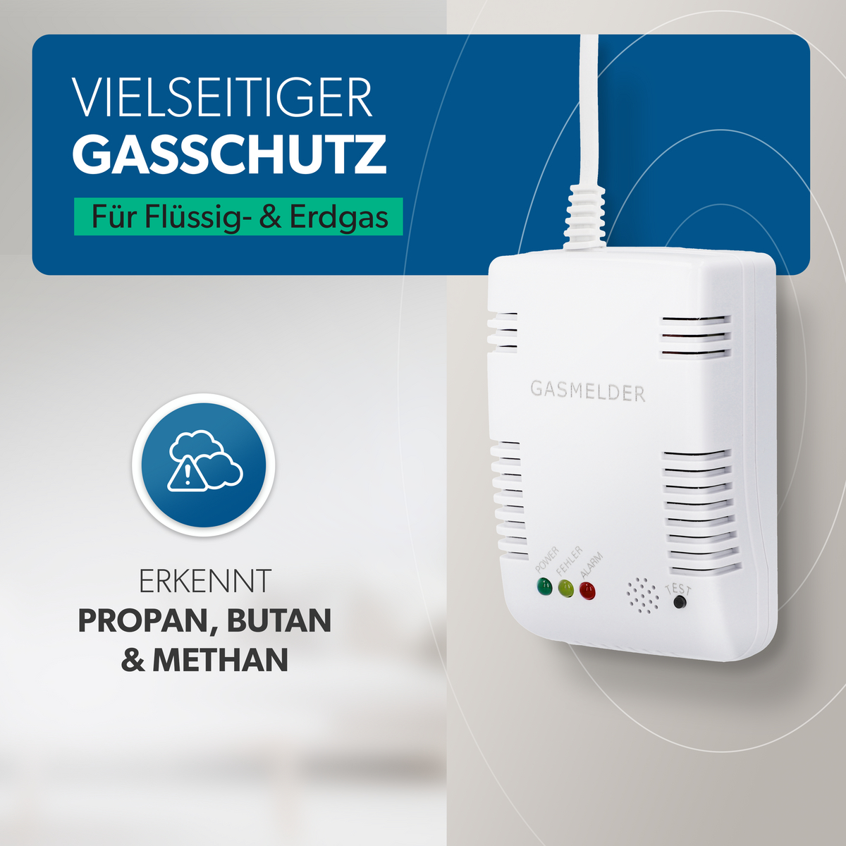 Ein weißer Gasmelder mit "GASMELDER" Schriftzug, LEDs und Testknopf.