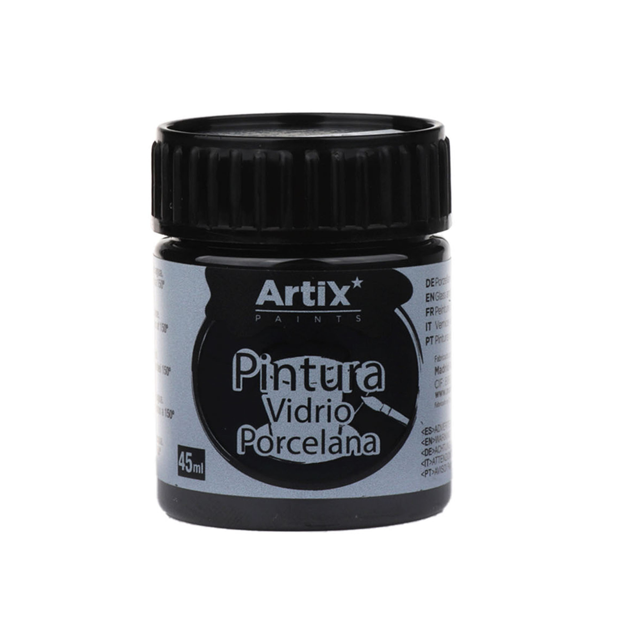 Bottiglia nera Artix Paints con etichetta "Pintura Vidrio Porcelana".