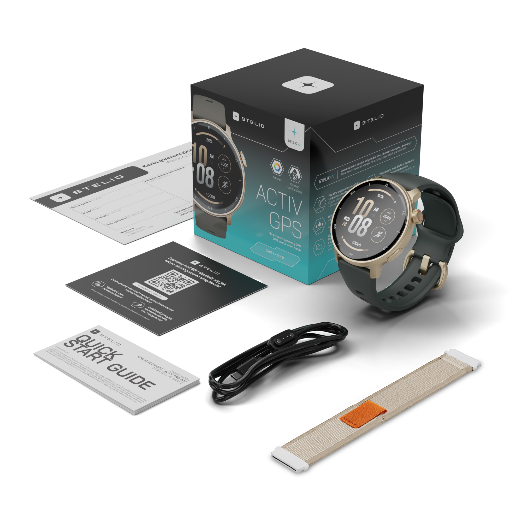 Zestaw smartwatch Stelio Activ GPS z pudełkiem, instrukcją, kablem i paskiem.
