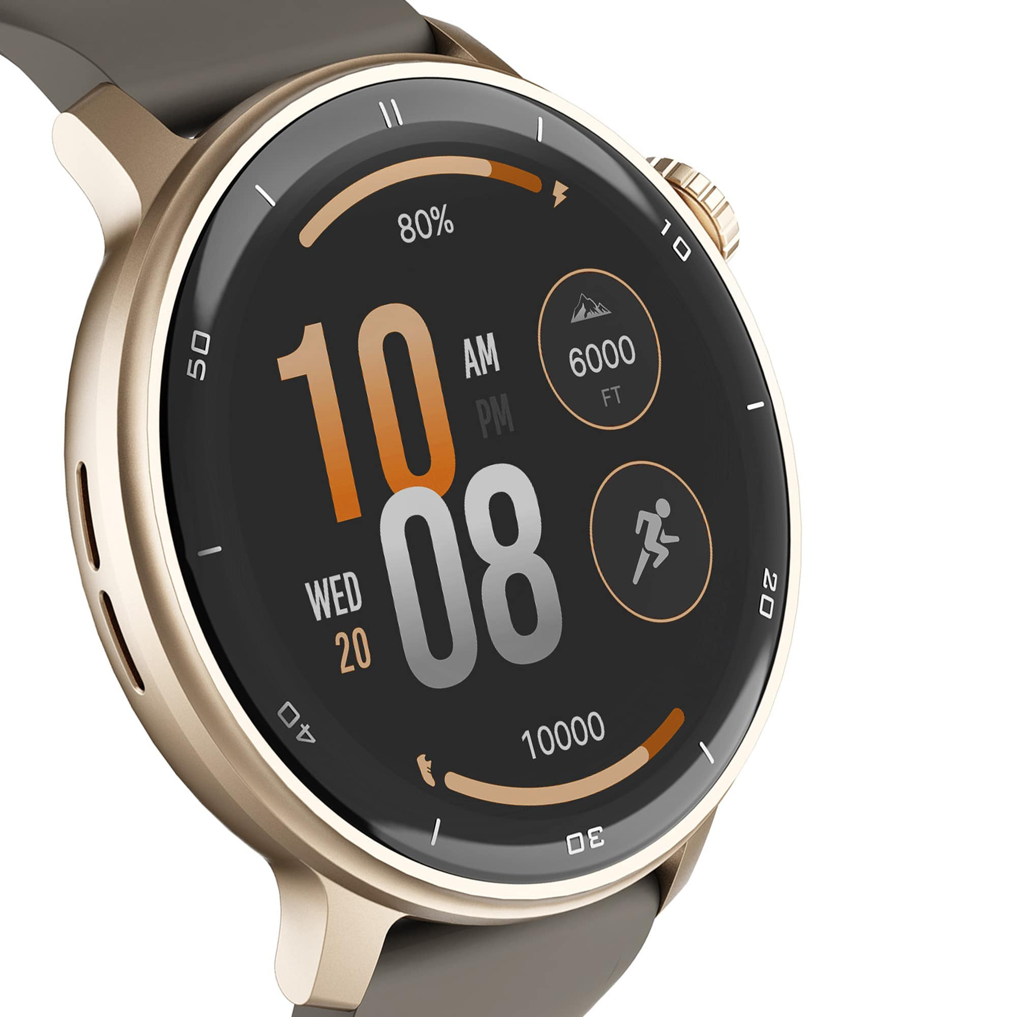 Złoty smartwatch z szarym paskiem, pokazuje 10:08, 80% baterii, 6000 stóp.