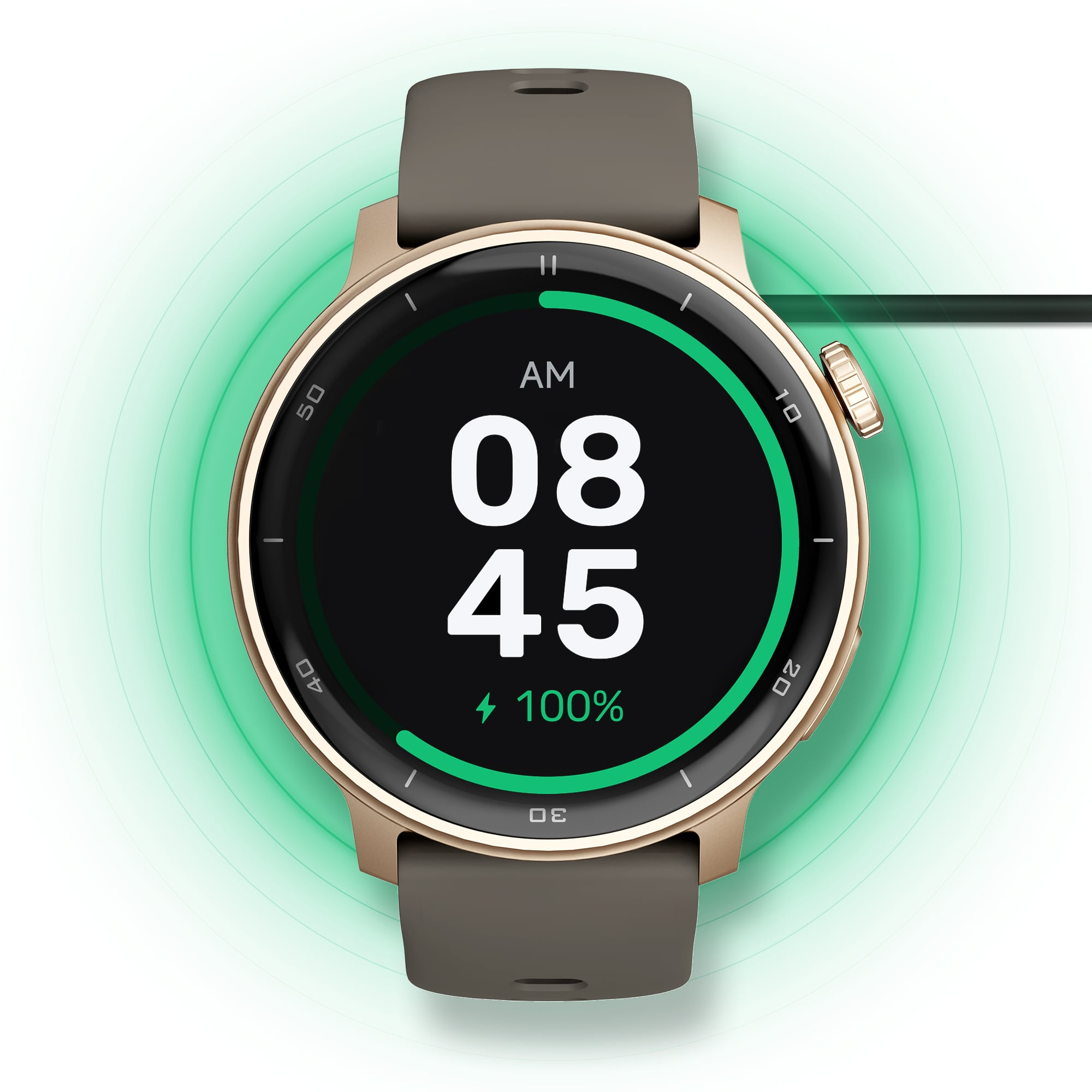 Złoty smartwatch z brązowym paskiem pokazuje 08:45 i 100% baterii.