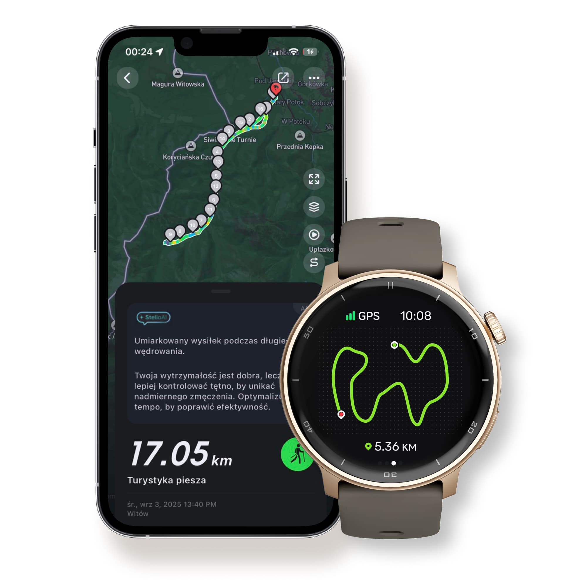 Smartfon wyświetla mapę szlaku, smartwatch pokazuje trasę.