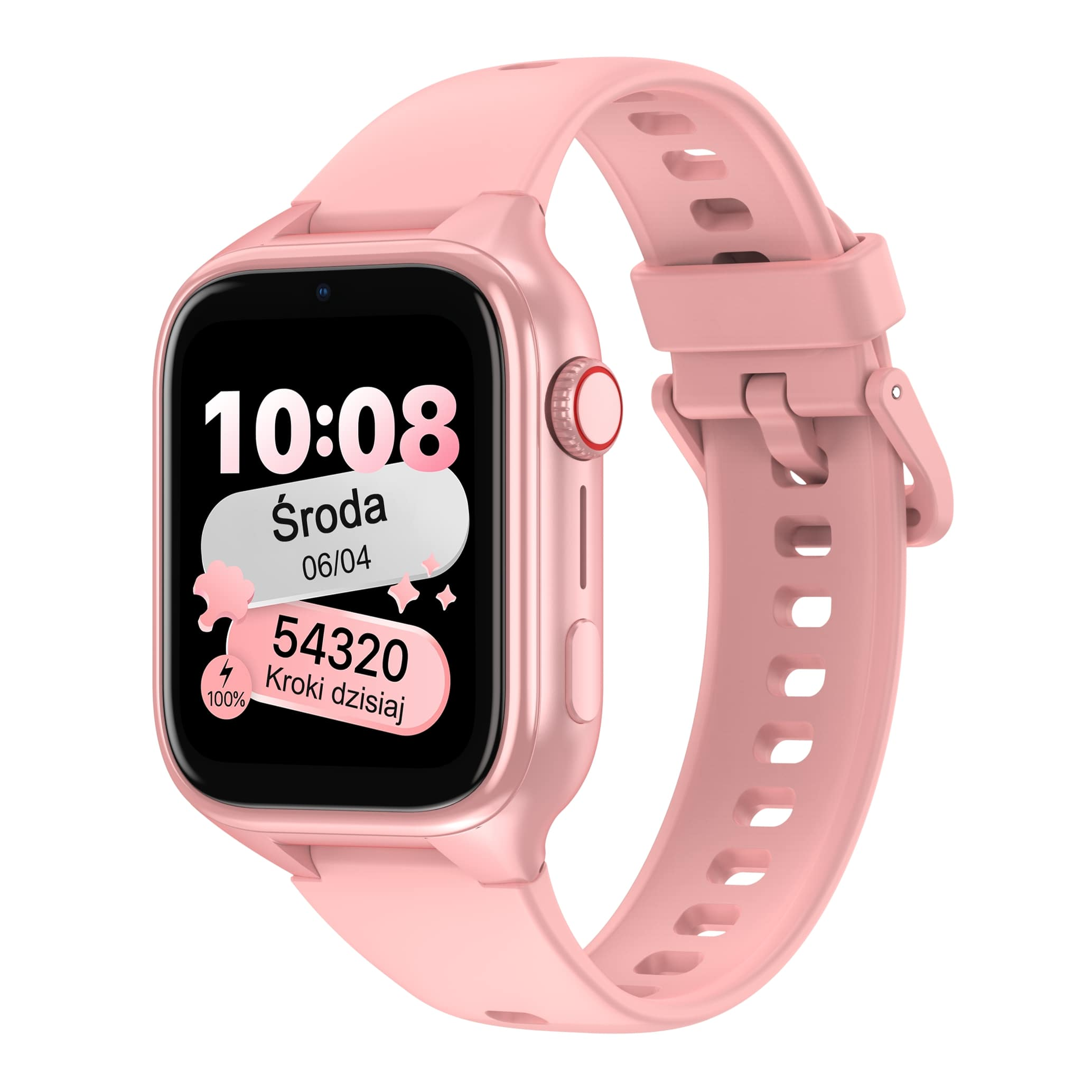Różowy smartwatch wyświetlający 10:08, środa 06/04 i 54320 kroków.