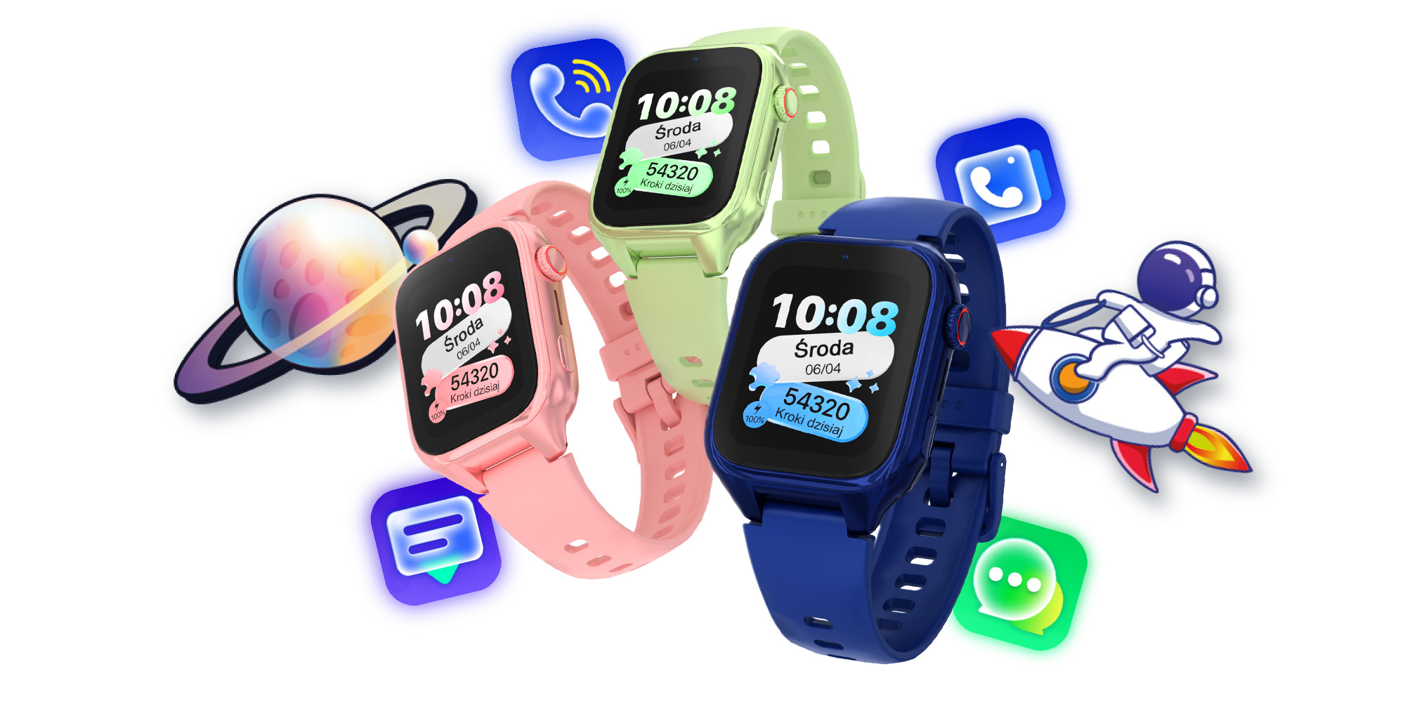 Trzy smartwatche w kolorach różowym, zielonym i niebieskim z ikonami kosmicznymi.