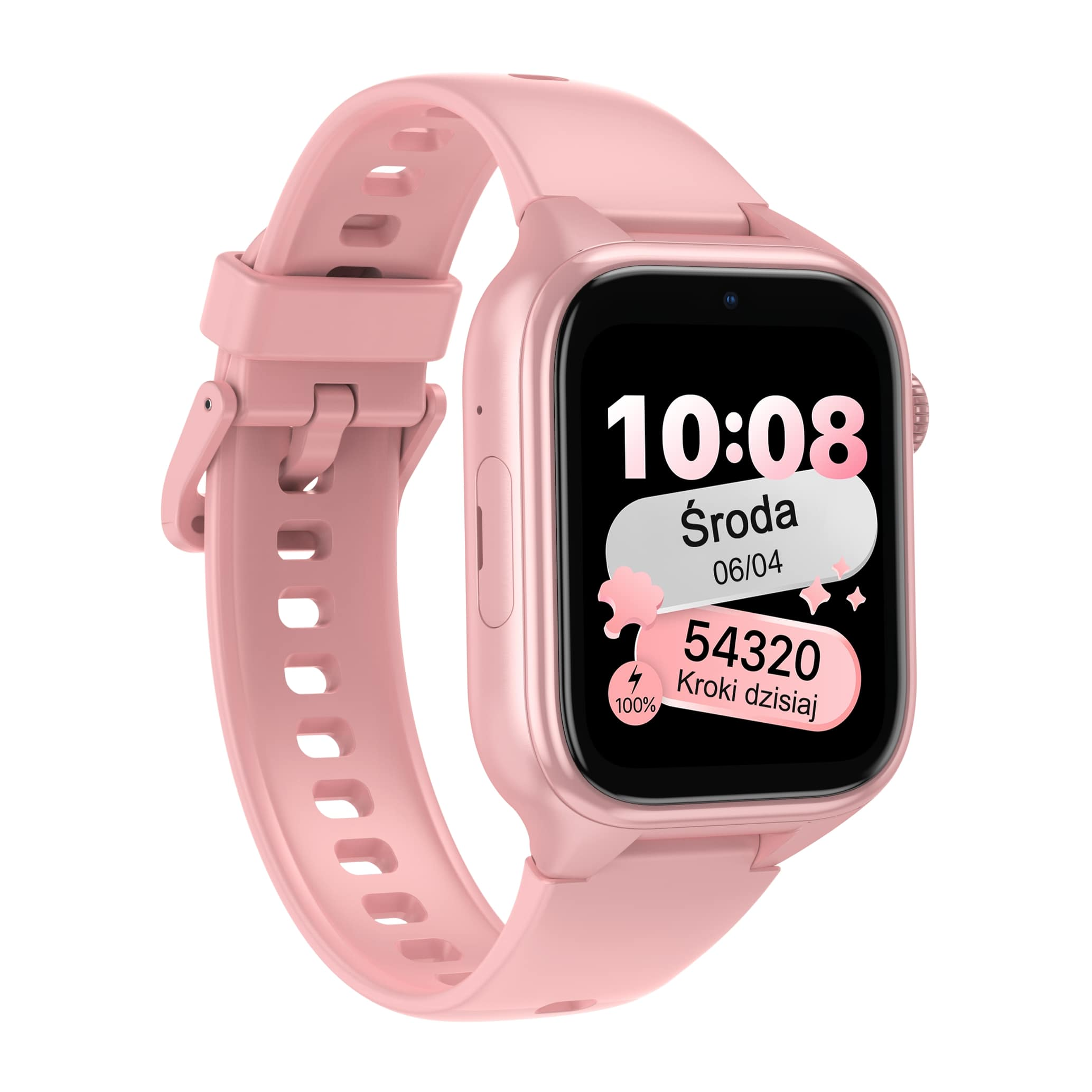 Różowy smartwatch wyświetlający na ekranie godzinę, datę i liczbę kroków.
