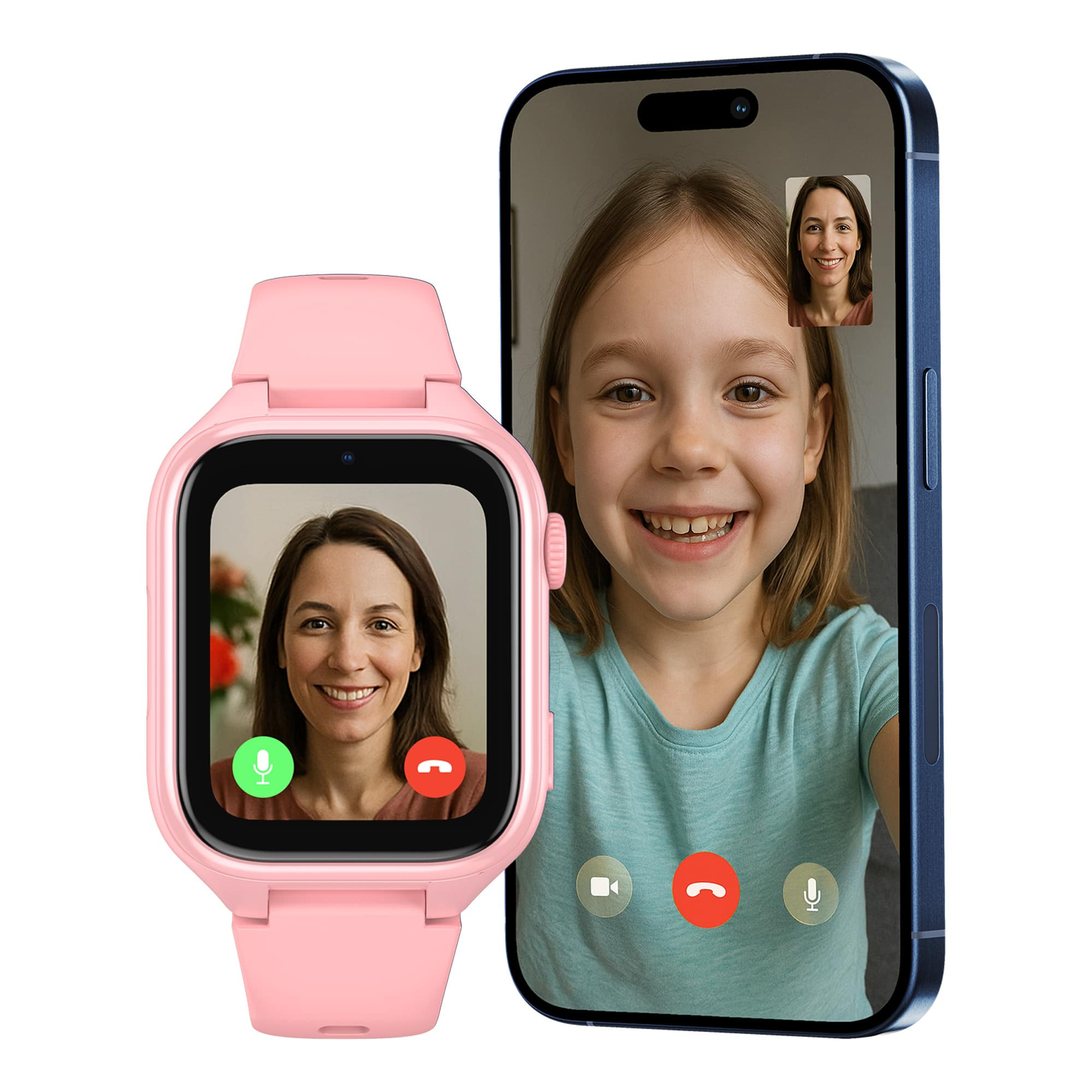 Różowa smartwatch i niebieski smartfon wyświetlają rozmowy wideo z dzieckiem i kobietą.