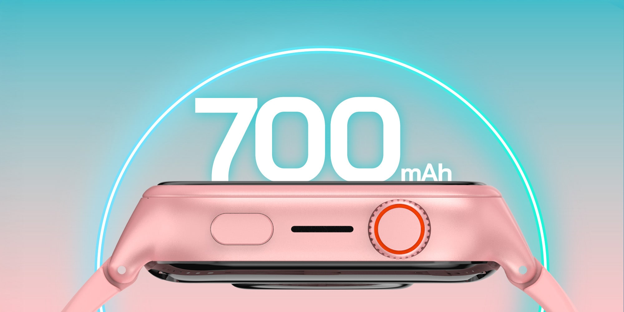 Różowy smartwatch z baterią 700 mAh, zbliżenie.
