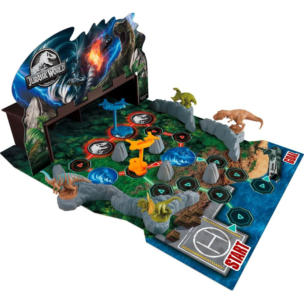 Jurassic World Brettspiel mit Dinosaurierfiguren auf einem Dschungel-Themenbrett mit Start- und Zielbereichen.