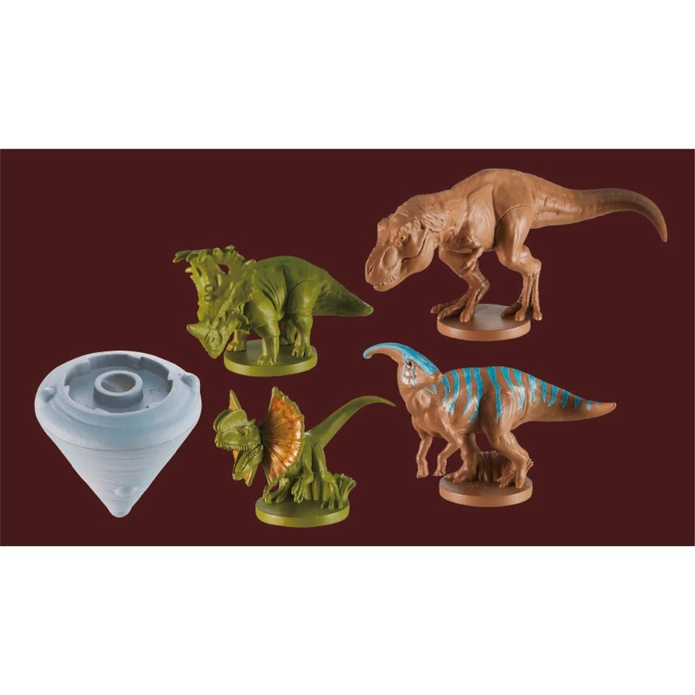 Ein grauer Kreisel und vier Dinosaurierfiguren auf braunem Hintergrund.