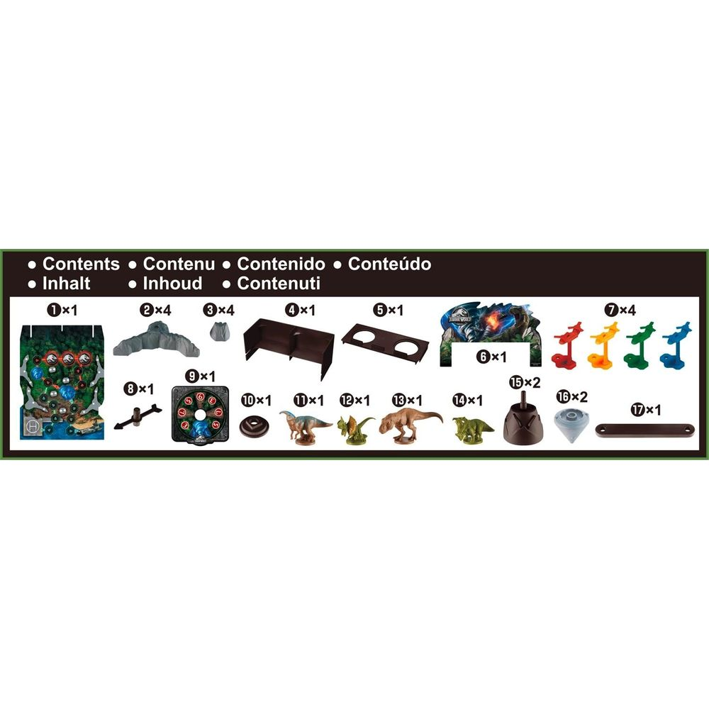Bilder von Spielzeugteilen, darunter Dinosaurier, eine Spielbrett-Kulisse, Hügel und Zubehör.