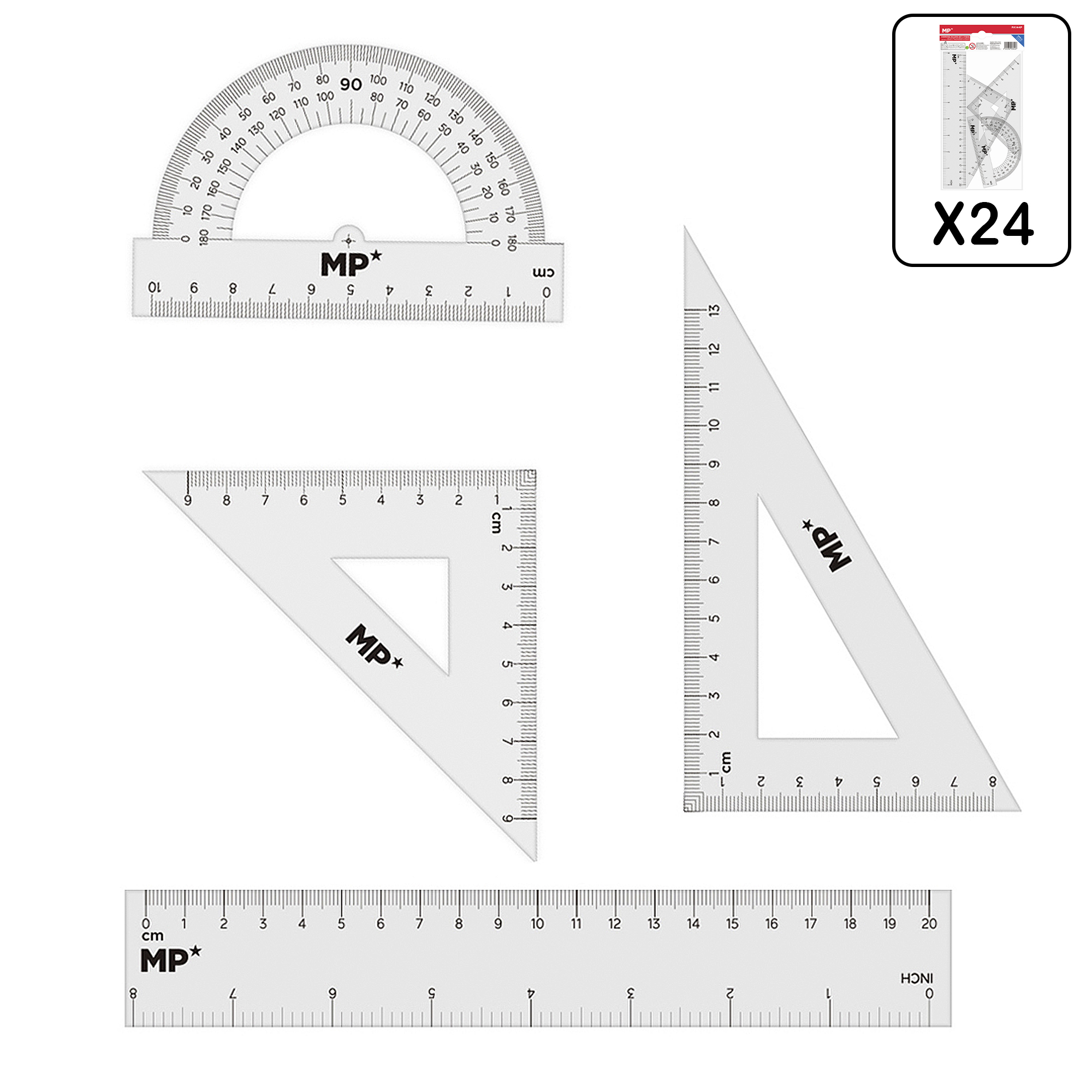 Un set bianco di strumenti da disegno: goniometro, due squadre e un righello.