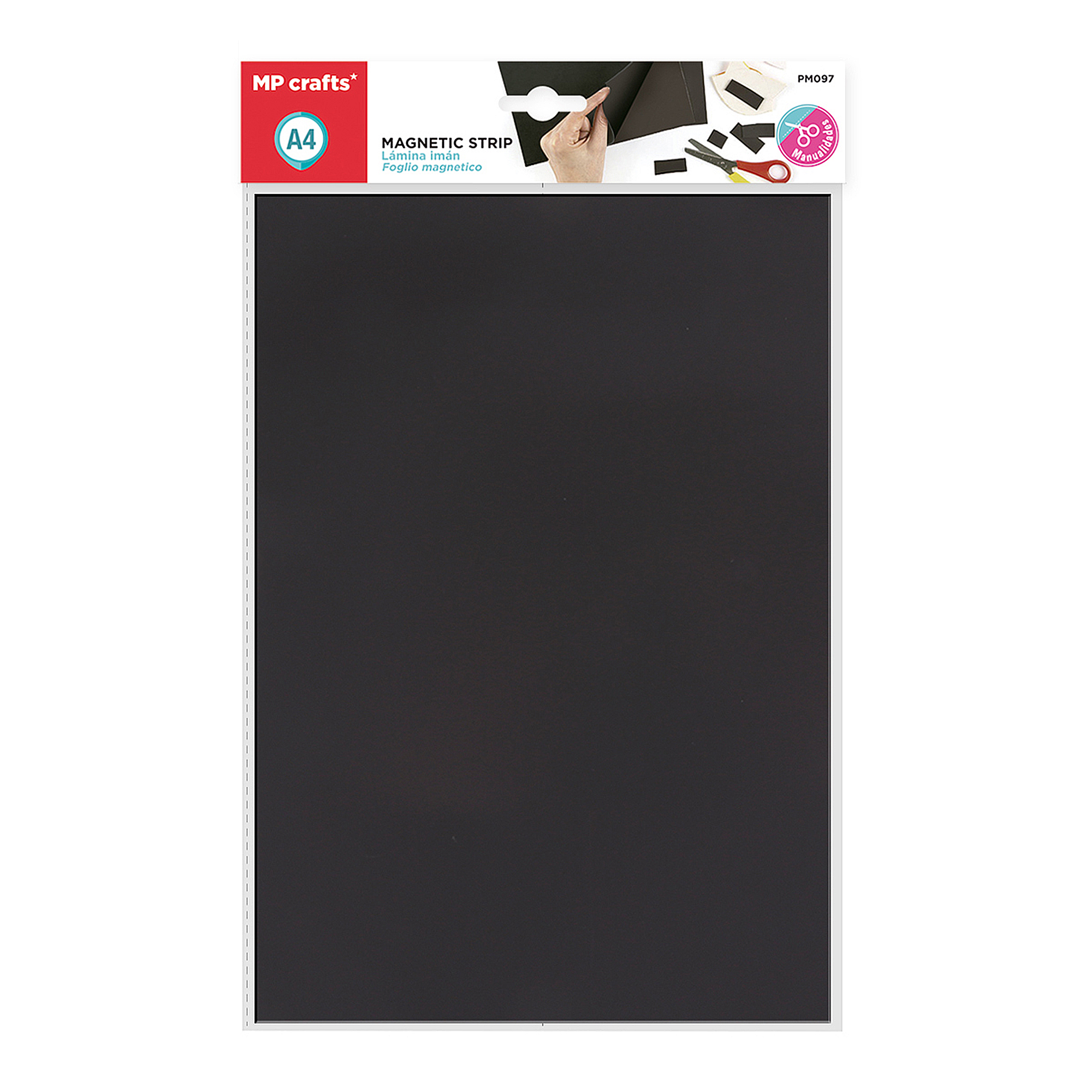 Foglio magnetico nero A4 con confezione e accessori per bricolage.