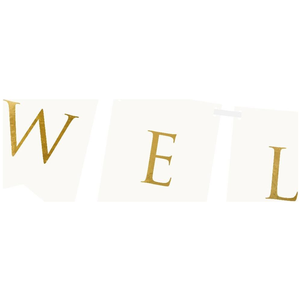 Weiße Banner mit goldenen Buchstaben W, E, L auf weißem Hintergrund.