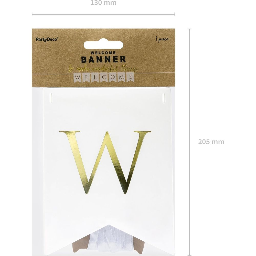 Goldener Banner mit dem Buchstaben W und der Aufschrift WELCOME.