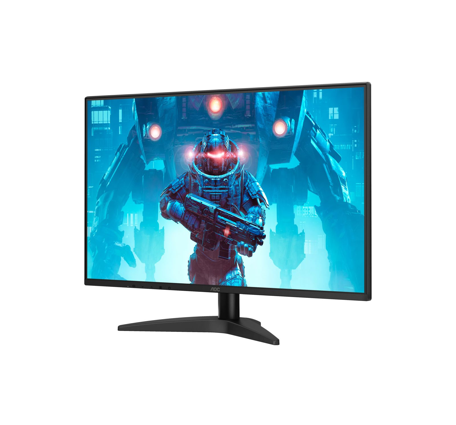 Een monitor toont een sci-fi scène met een soldaat en een grote robot.