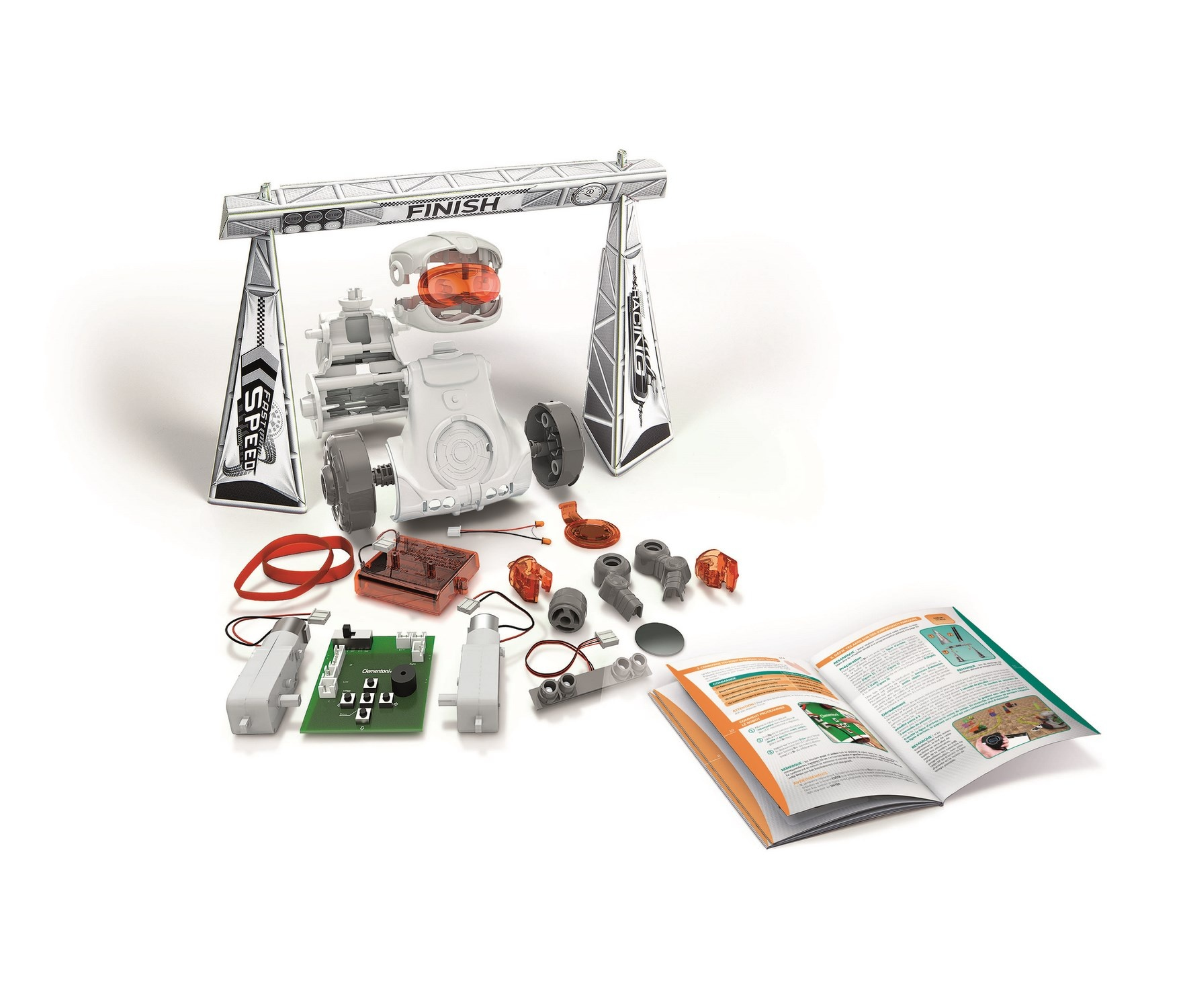 Bauteile eines Rennroboters mit Anleitung und Zielbogen.