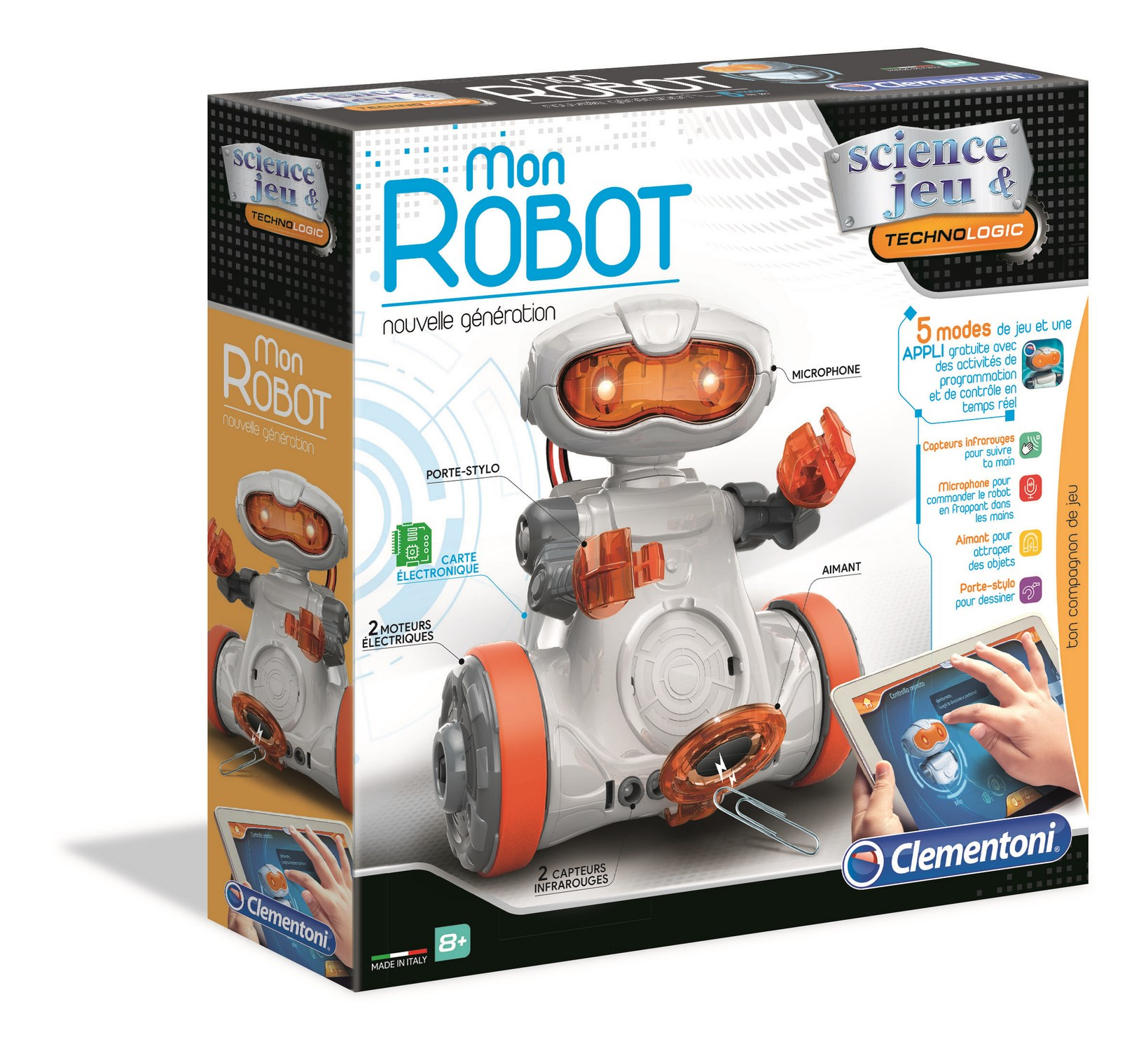 Verpackung eines Roboterspielzeugs mit einem weißen Roboter mit orangefarbenen Akzenten.