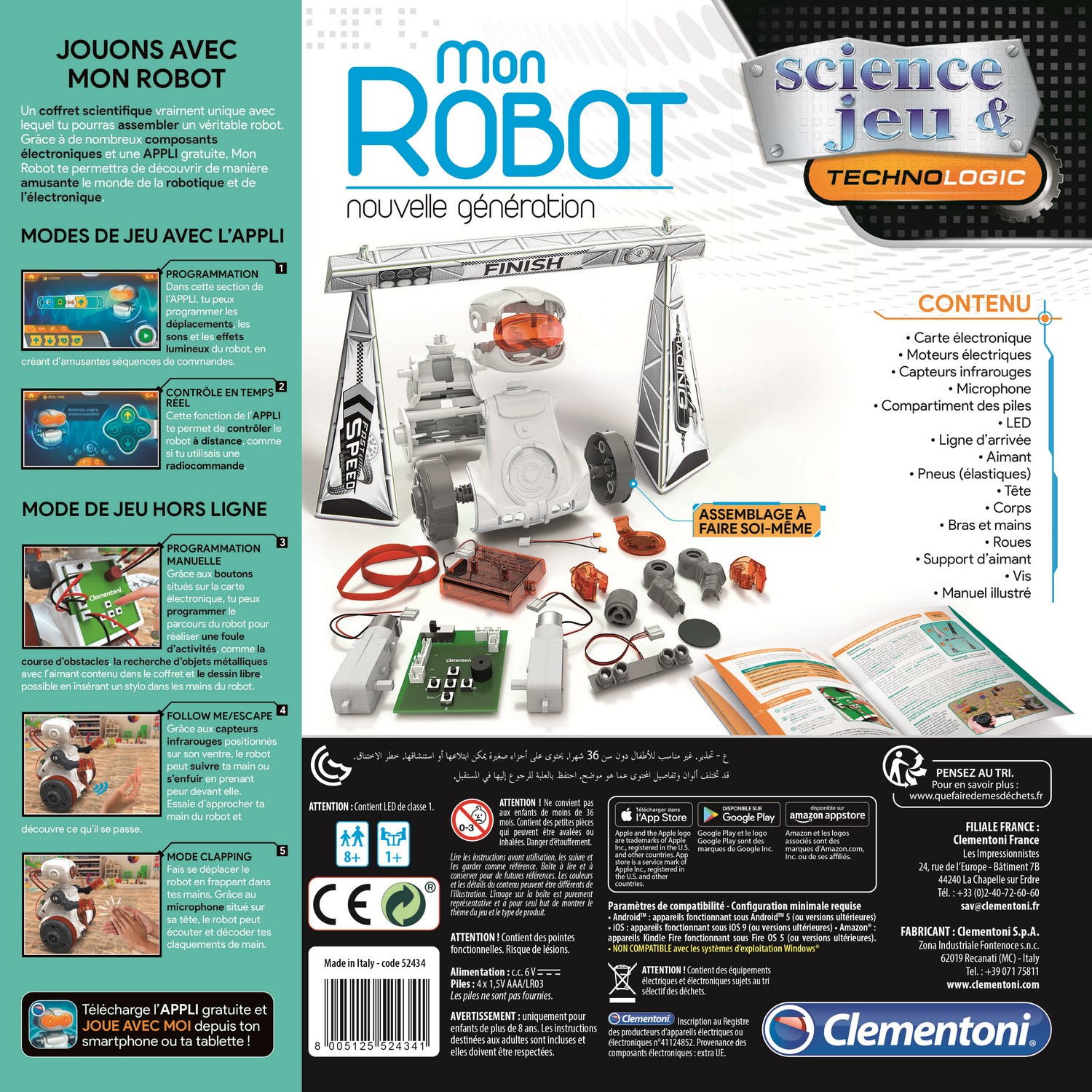 Ein Roboter-Bausatz mit App für Programmierung und Steuerung. Enthält Teile, Anleitung, CE-Zeichen.