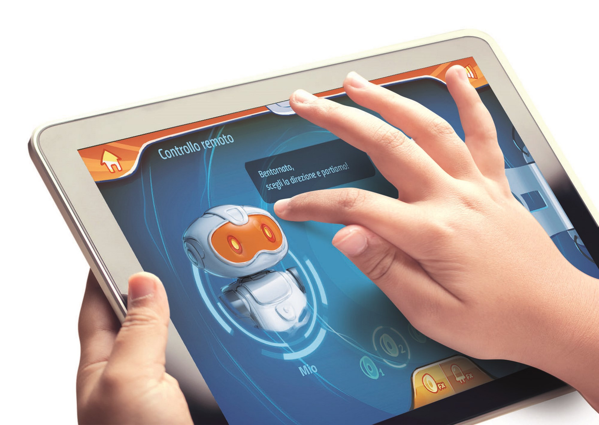Kind bedient Tablet mit Roboter-App. Finger berührt Bildschirm mit Benutzeroberfläche.