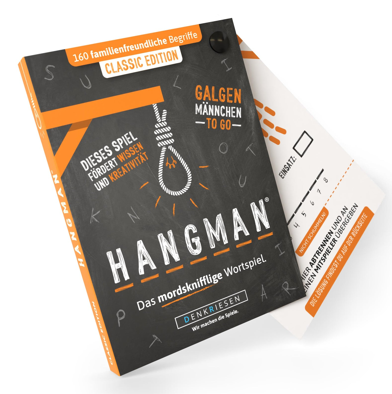 Ein "Hangman" Brettspiel mit orange-schwarzem Design und der Aufschrift "Classic Edition".