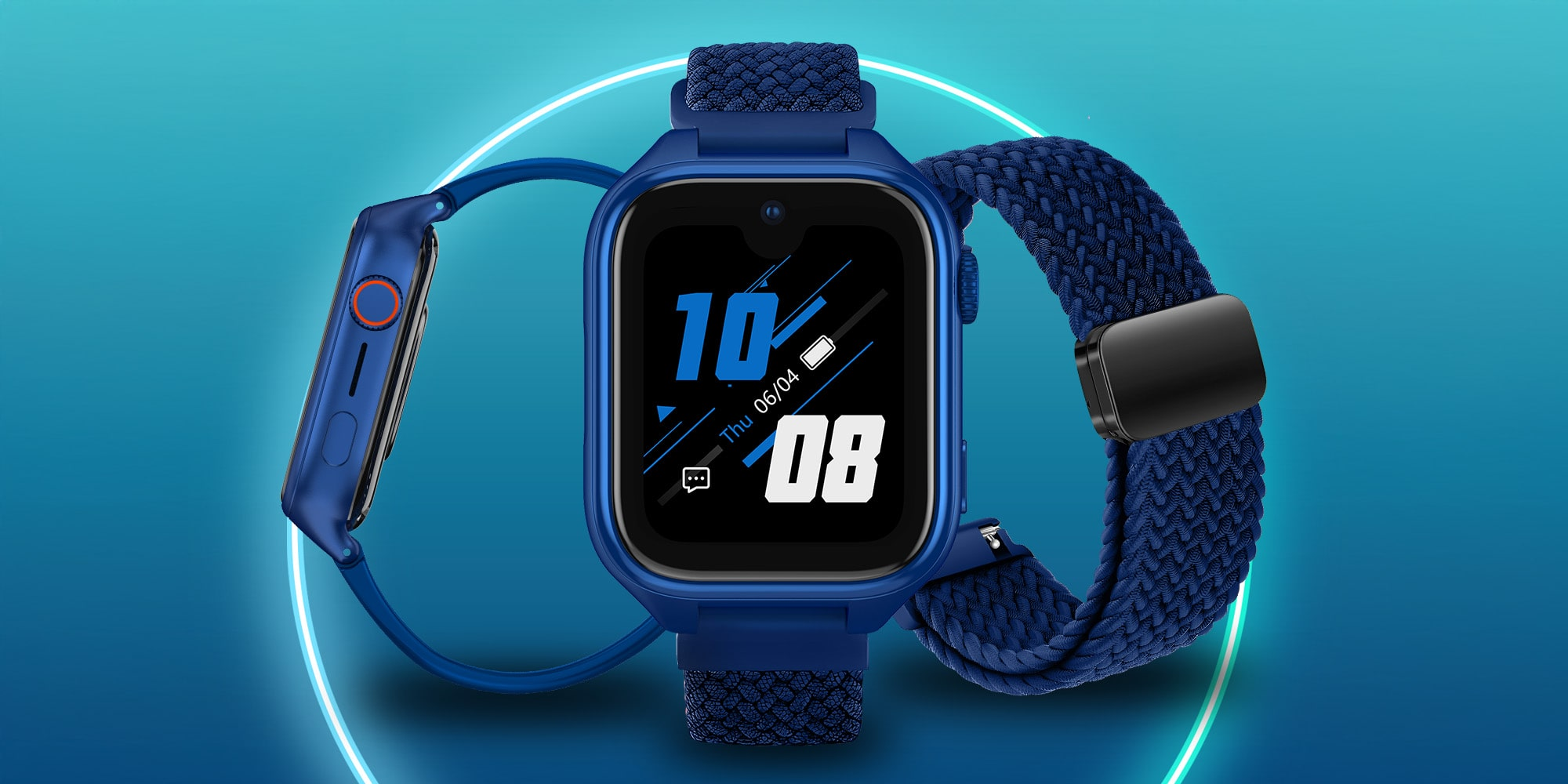 Niebieski smartwatch z cyfrowym wyświetlaczem pokazującym godzinę i datę.