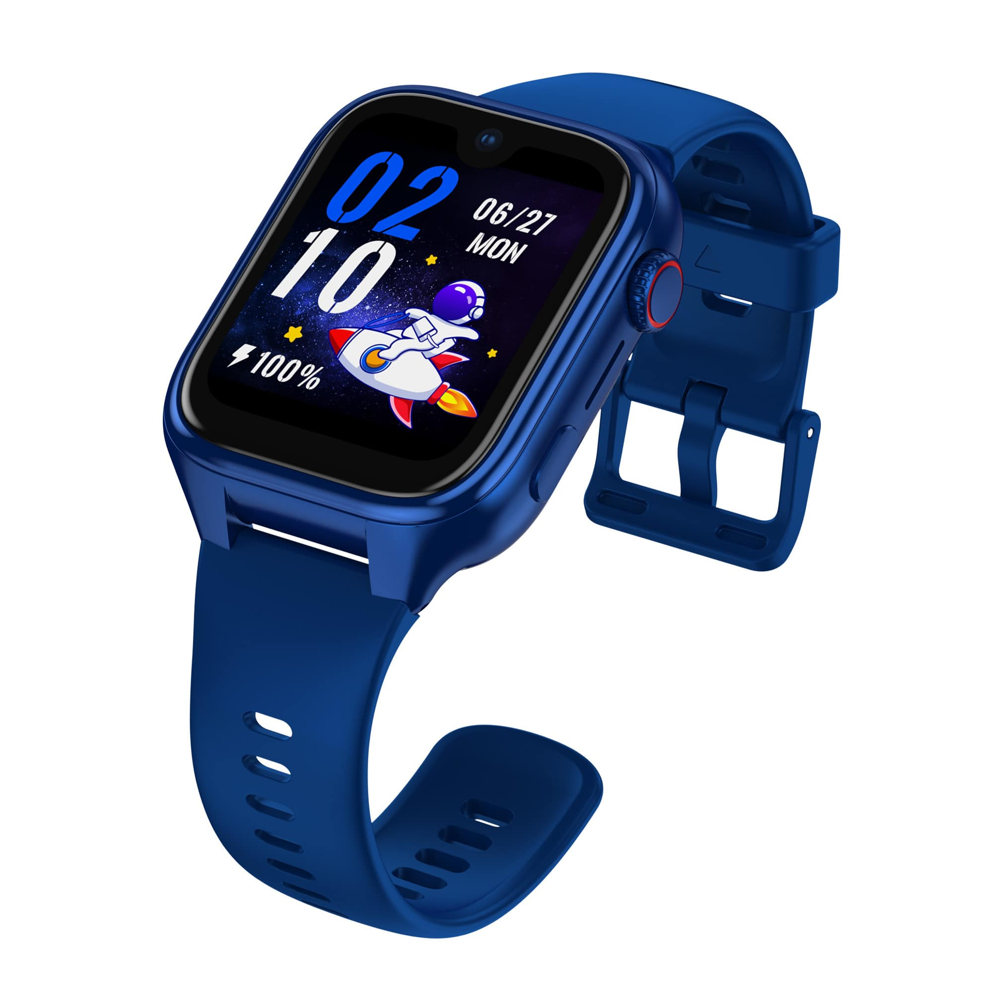 Niebieski smartwatch z rakietą na ekranie.