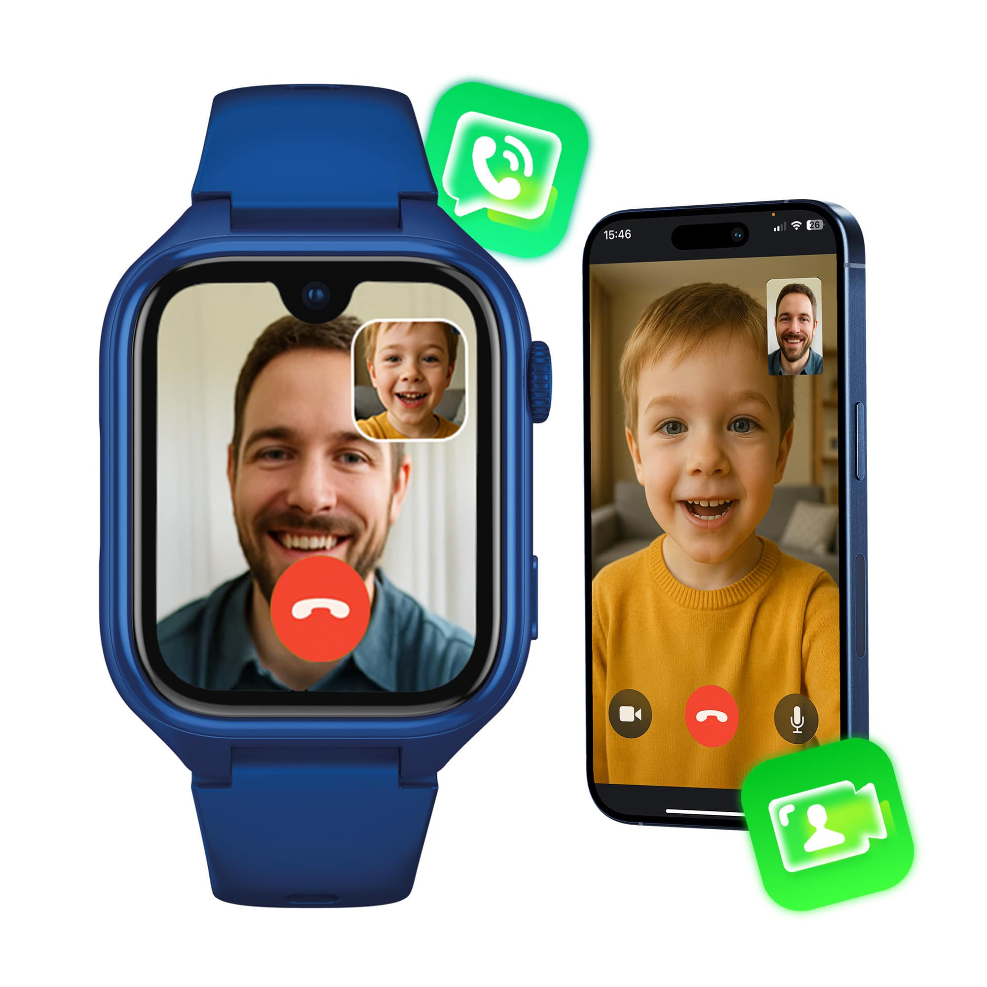 Niebieski smartwatch i smartfon wyświetlają rozmowy wideo z mężczyzną i dzieckiem.