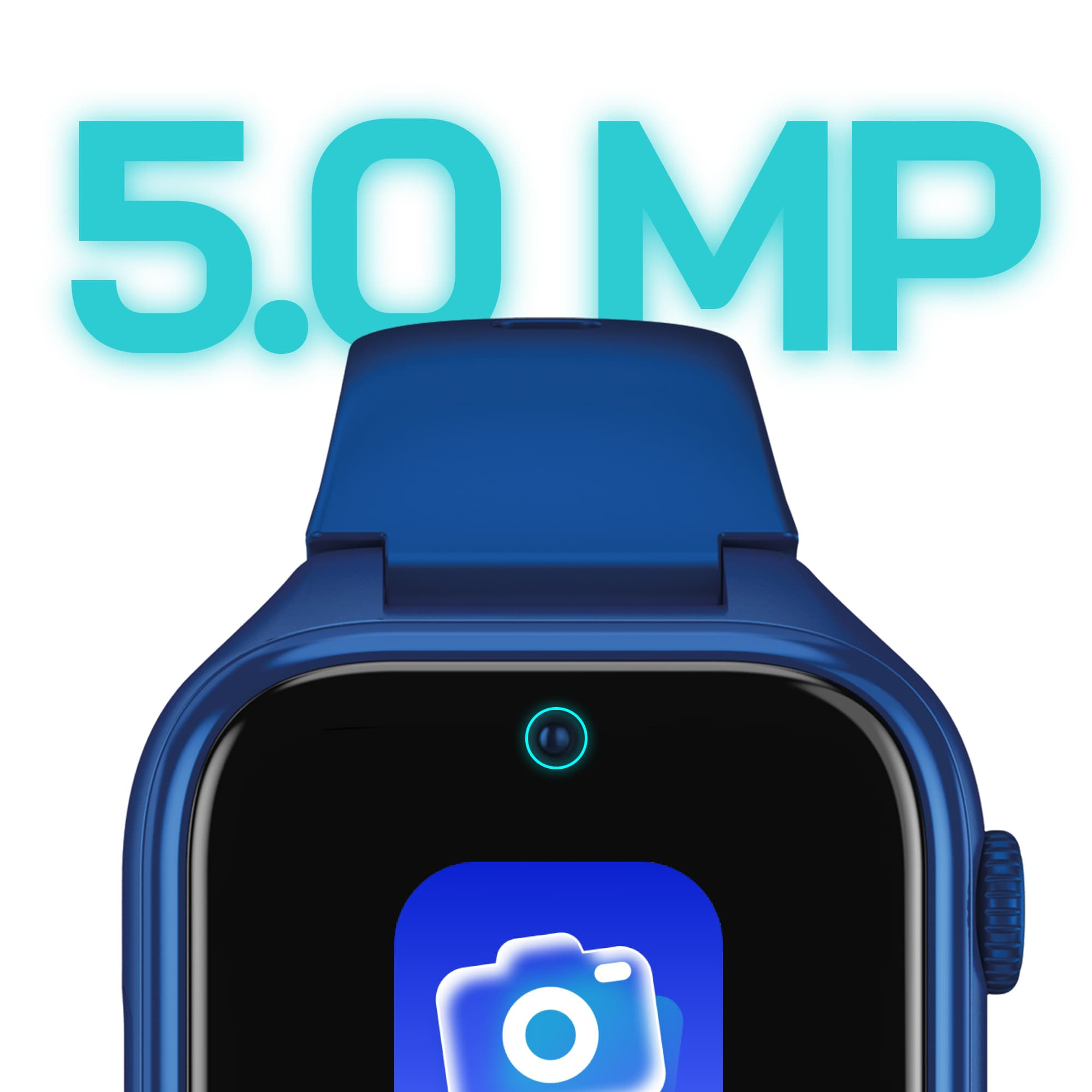Niebieski smartwatch z ikoną aplikacji aparatu i tekstem 5.0 MP.