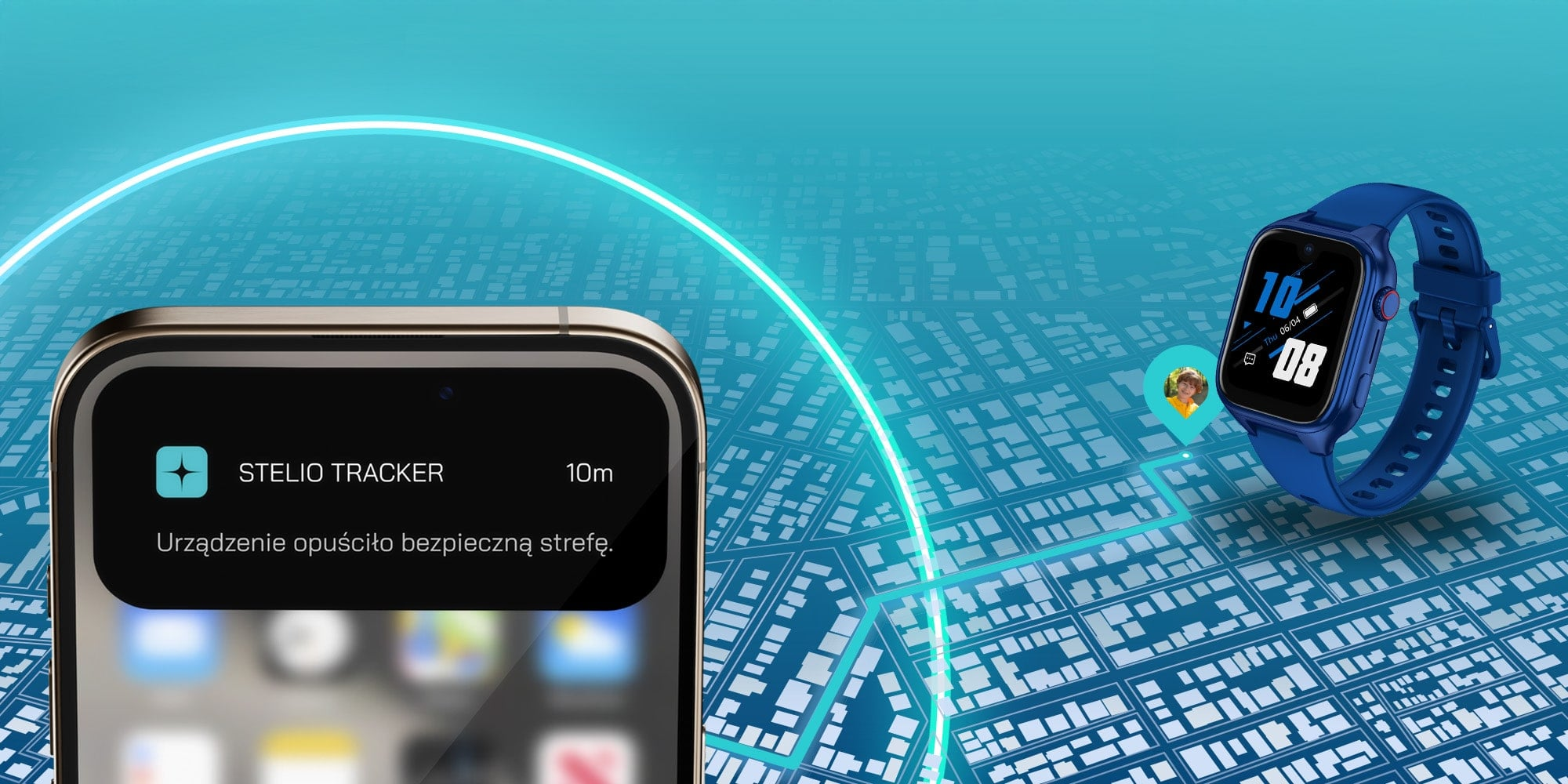 Smartfon wyświetla powiadomienie Stelio Tracker. Obok pokazano niebieski smartwatch.
