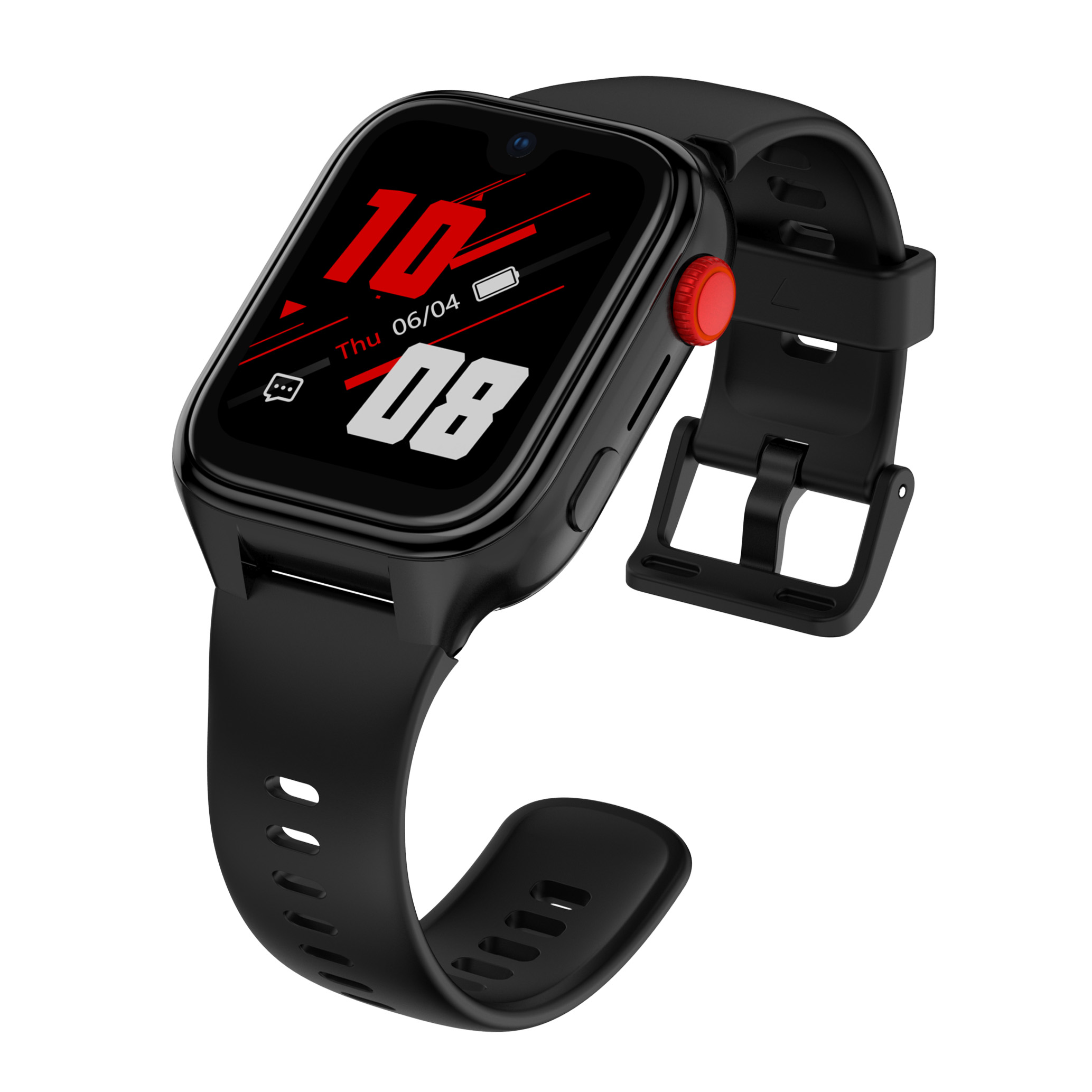 Czarny smartwatch z czerwonym przyciskiem i cyfrowym wyświetlaczem 10:08