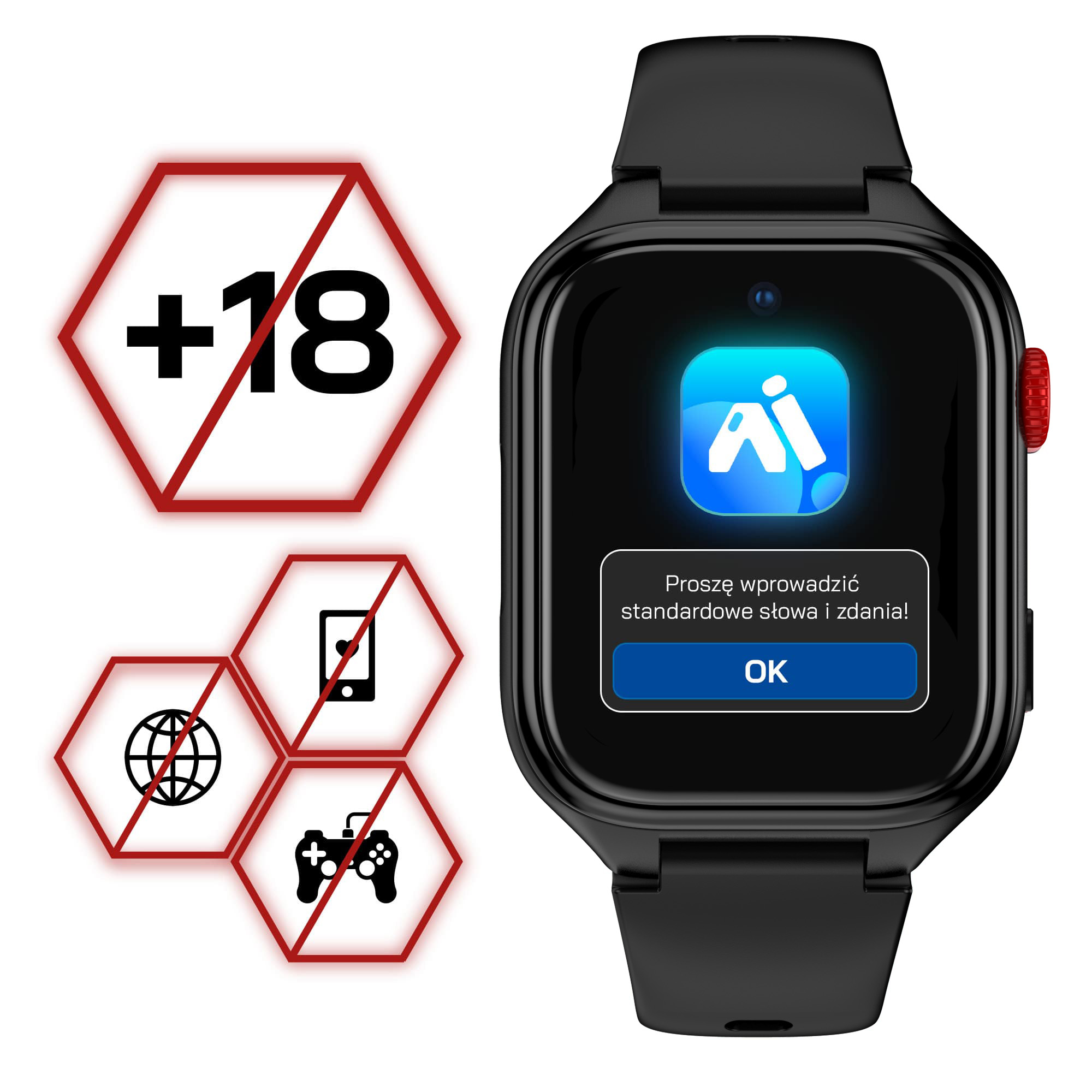 Czarny smartwatch z ikonami ostrzegawczymi: +18, telefon, internet, kontroler.