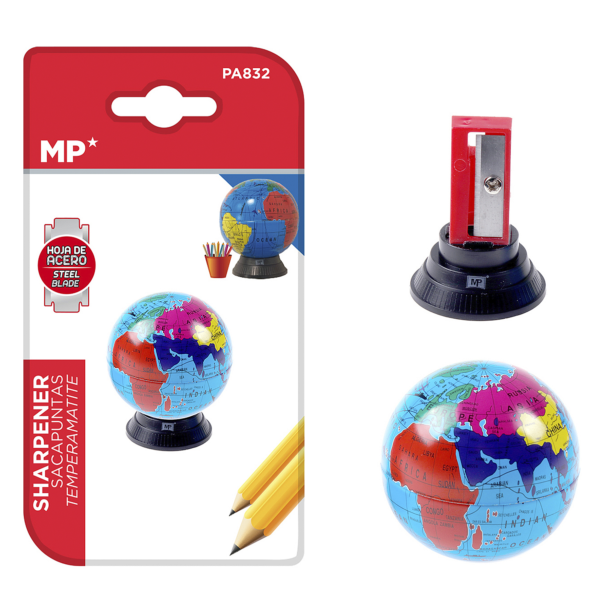 Un sacapuntas con diseño de globo terráqueo y lápices en un paquete.