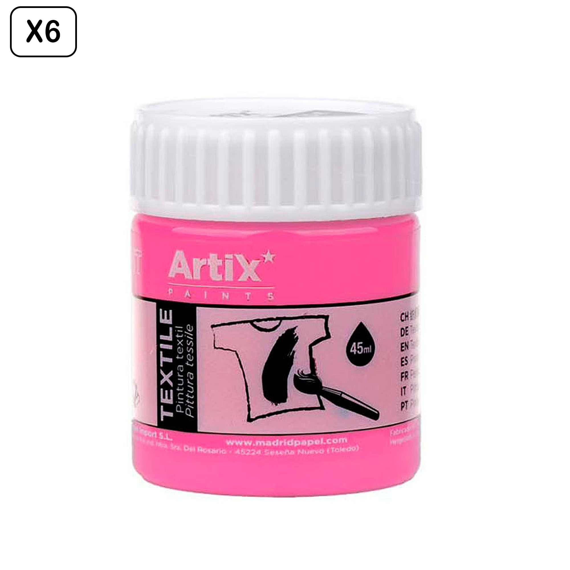 Un barattolo di vernice tessile Artix rosa. Contiene 45ml.