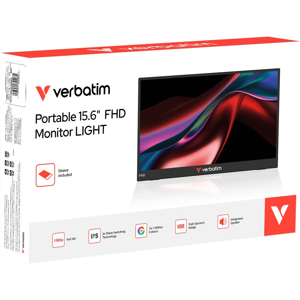 Pudełko przenośnego monitora Verbatim 15,6" FHD z ekranem wyświetlającym sztukę abstrakcyjną, wymienione funkcje.