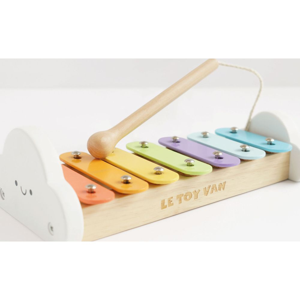 Holzxylophon mit bunten Klangstäben und Schlägel vor einer Wolke.