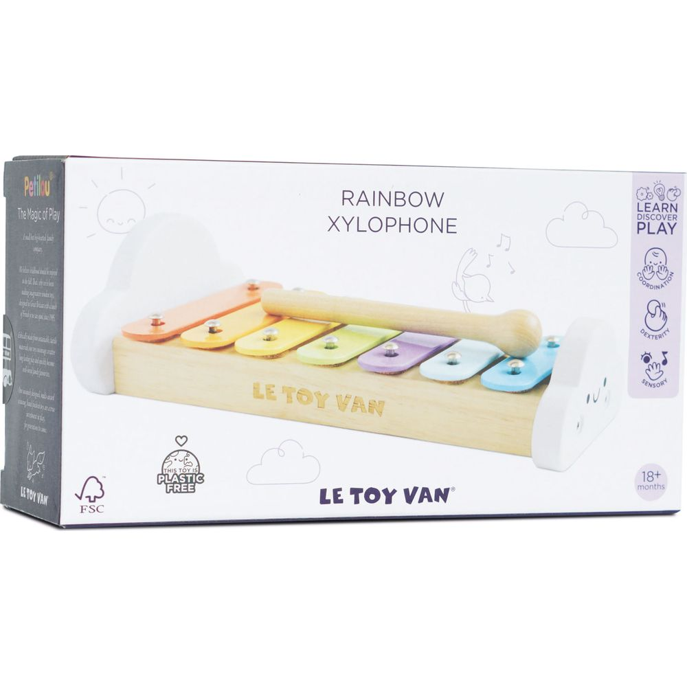 Holz-Regenbogen-Xylophon-Spielzeug mit pastellfarbenen Tasten und Schlägel.