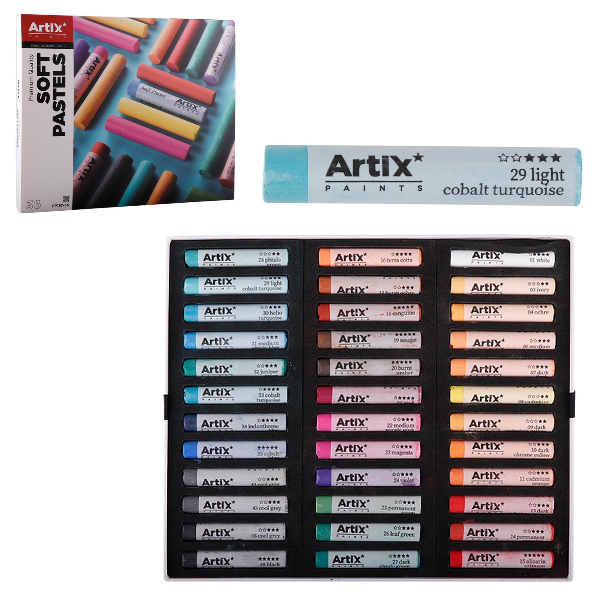 Scatola da 36 pastelli Artix, un singolo pastello azzurro e una scatola aperta di pastelli.
