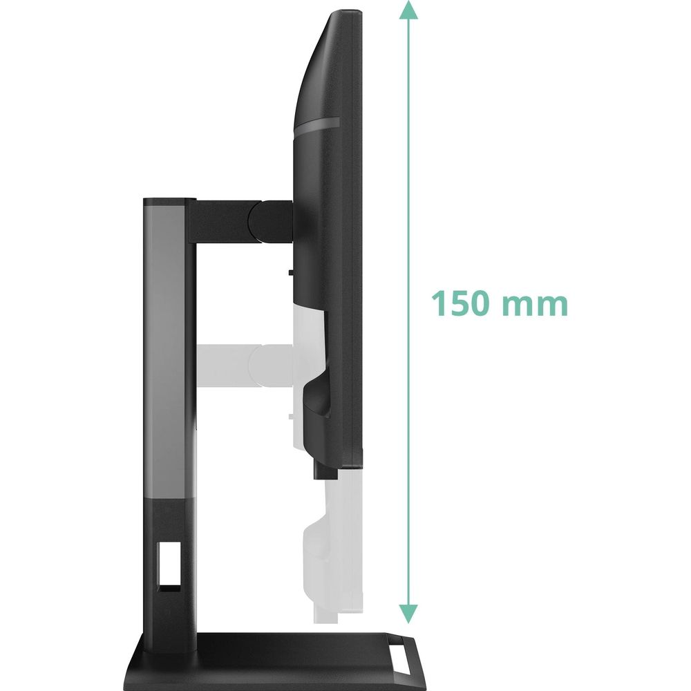 Monitorstandaard met 150 mm hoogteverstelling, zij-aanzicht.