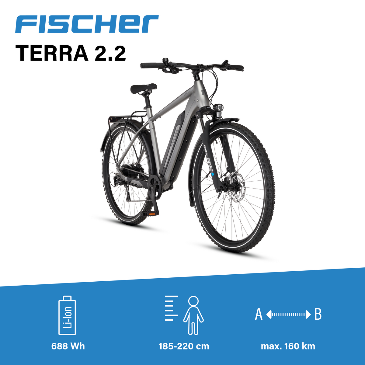 Graues Fischer Terra 2.2 E-Bike mit Akku, Schutzblechen und Gepäckträger.